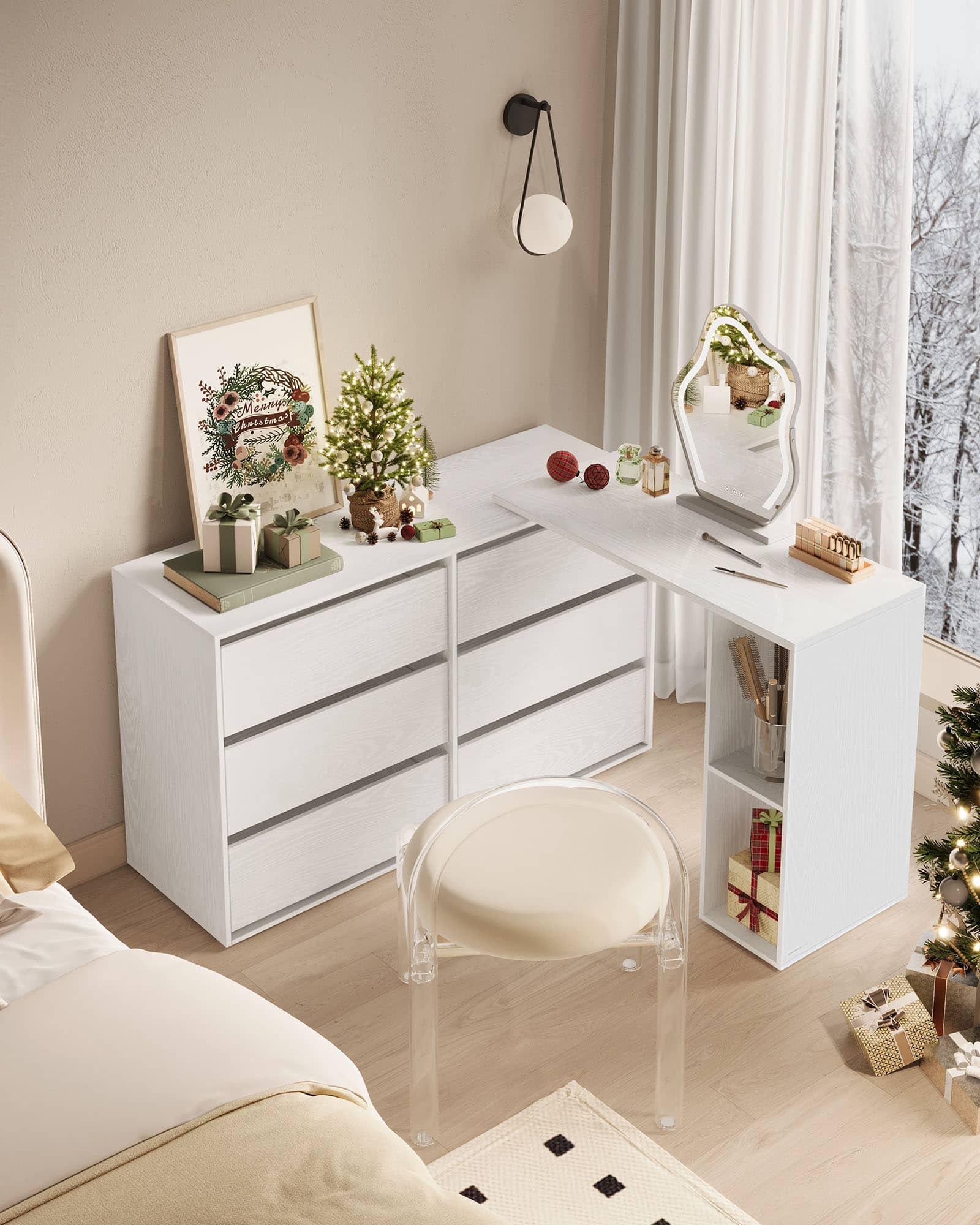 Schminktisch mit Regal nebeneinander oder L-förmig schneeweiß Schminktisch mit Regal nebeneinander oder L-förmig schneeweiß