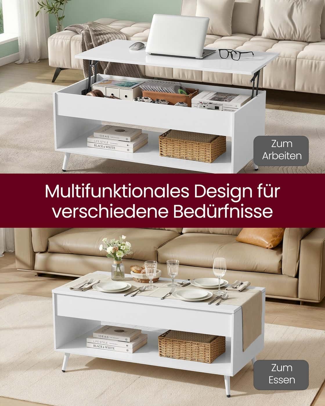 Couchtisch mit verstellbarer Platte und verstecktem Fach schneeweiß-mattweiß Couchtisch mit verstellbarer Platte und verstecktem Fach schneeweiß-mattweiß