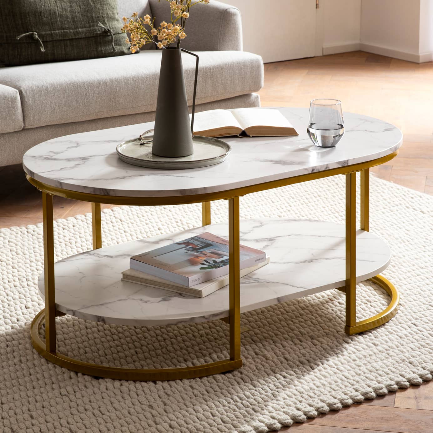 Couchtisch 100x60x45 cm Weiß mit Marmor Optik Couchtisch 100x60x45 cm Weiß mit Marmor Optik