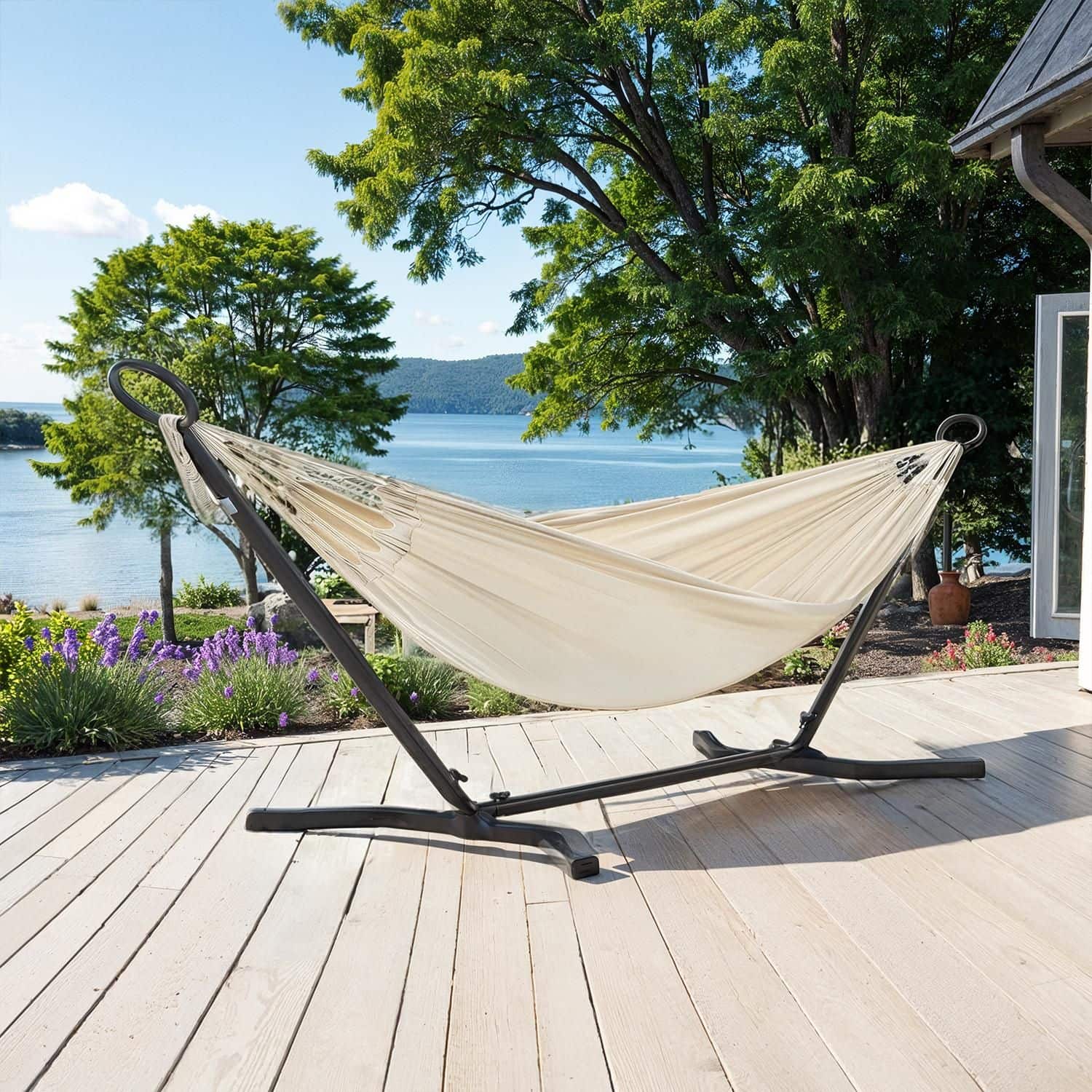 Hängematte mit Gestell, 210 x 150 cm, Doppelhängematte auf 5 verschiedene Höhen verstellbar Hängematte mit Gestell, 210 x 150 cm, Doppelhängematte auf 5 verschiedene Höhen verstellbar