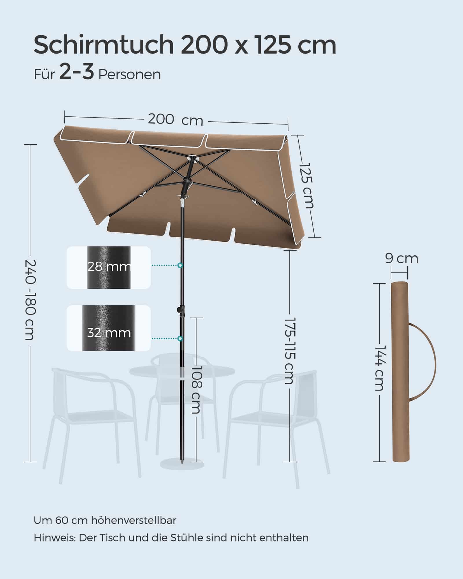 Sonnenschirm 200 x 125 cm knickbar und höhenverstellbar