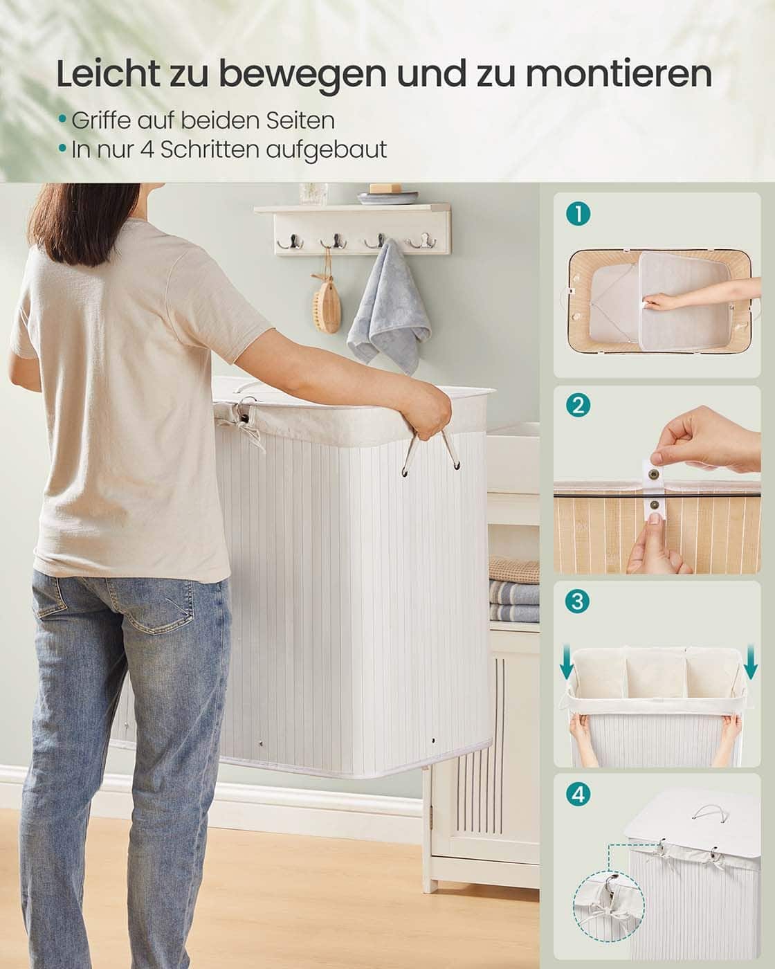 Wäschekorb mit 3 Fächern und herausnehmbarem Wäschesack Weiß