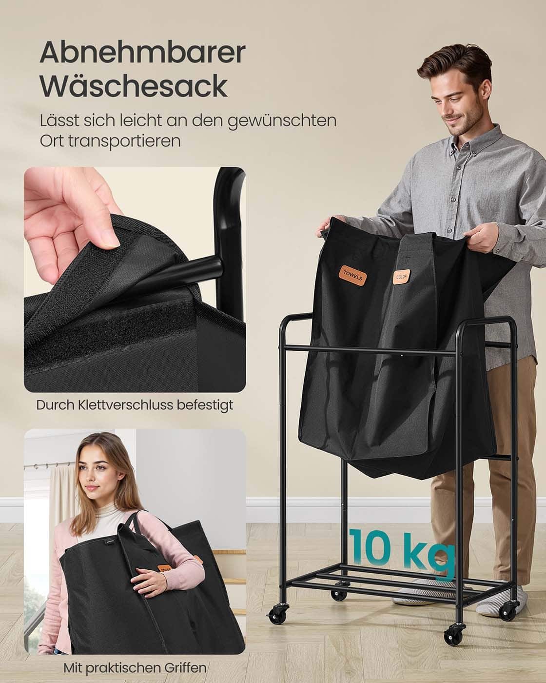 Wäschekorb 140 L mit Rollenund 2 Fächern tintenschwarz