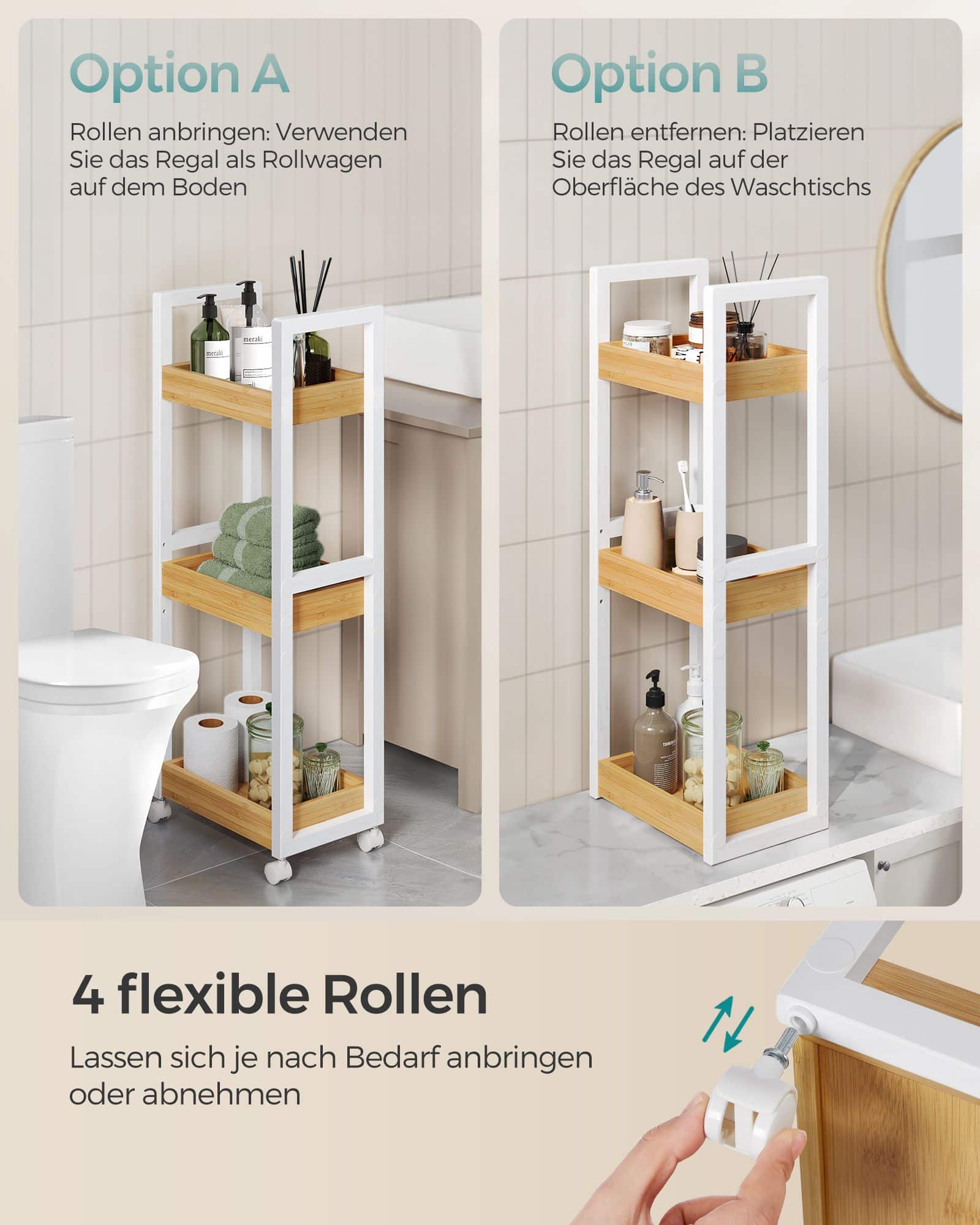Badezimmerregal mit 3 Ebenen schmal platzsparend weiß-naturfarben Badezimmerregal mit 3 Ebenen schmal platzsparend weiß-naturfarben