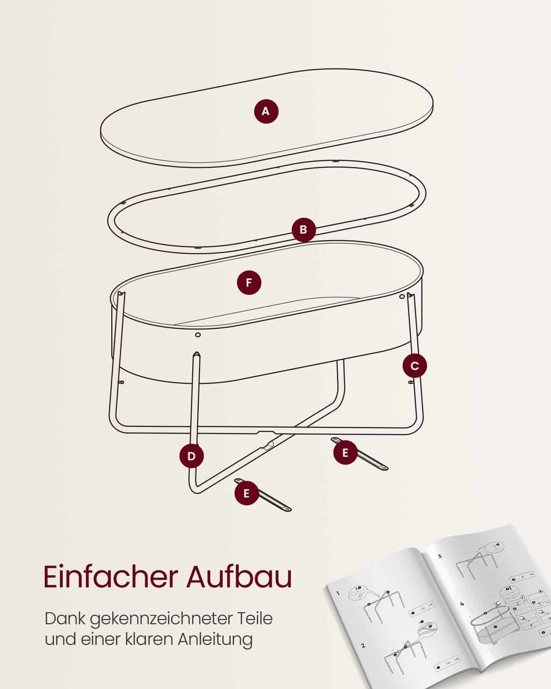 Couchtisch oval mit Stauraum und Stoffkorb Mattweiß-Kamelbraun