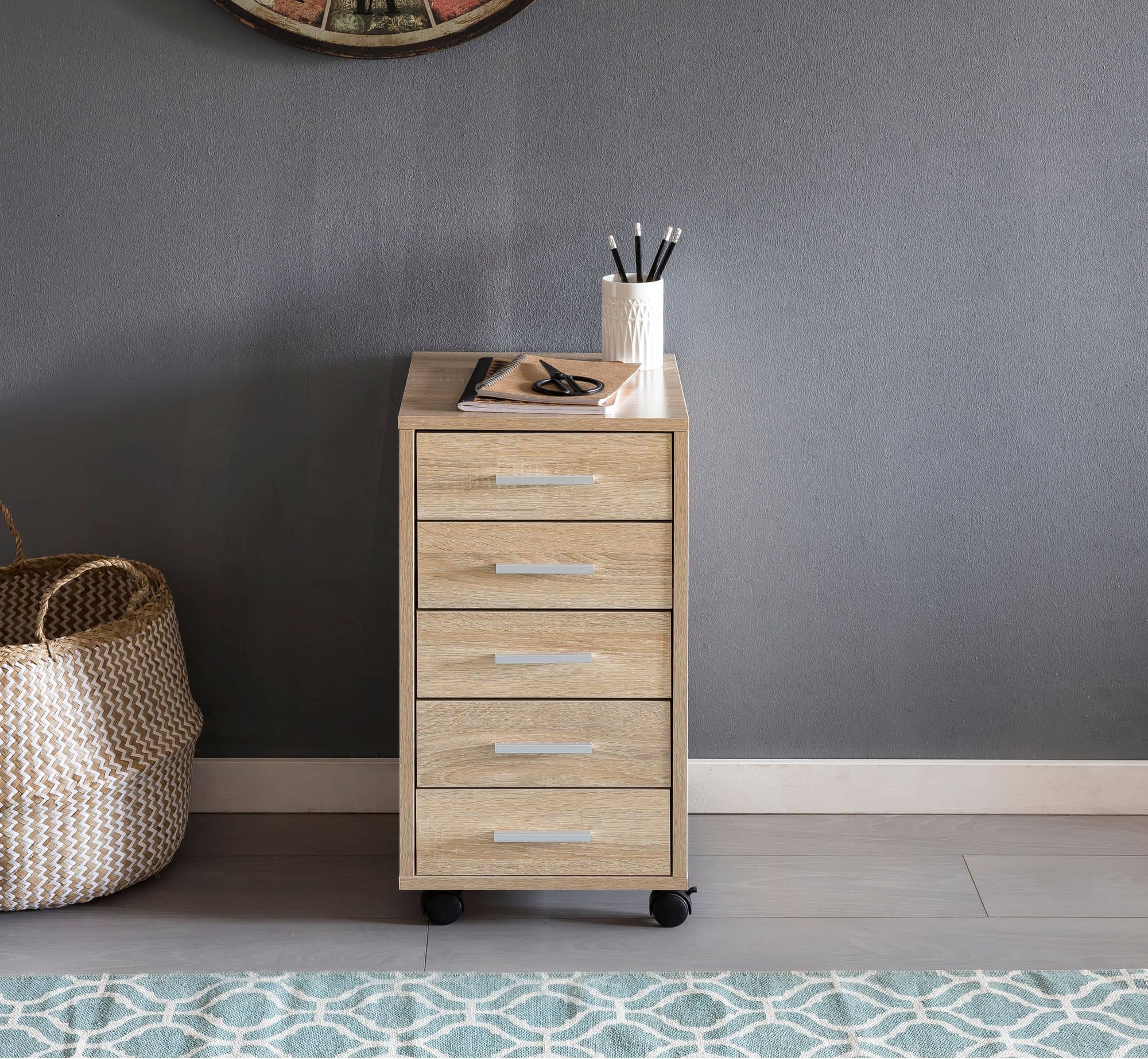 45766-WOHNLING-Rollcontainer-LISA-mit-5-Schublade_5 Rollcontainer Sonoma 33 x 63 x 38 cm Holz Schubladenschrank Schreibtisch