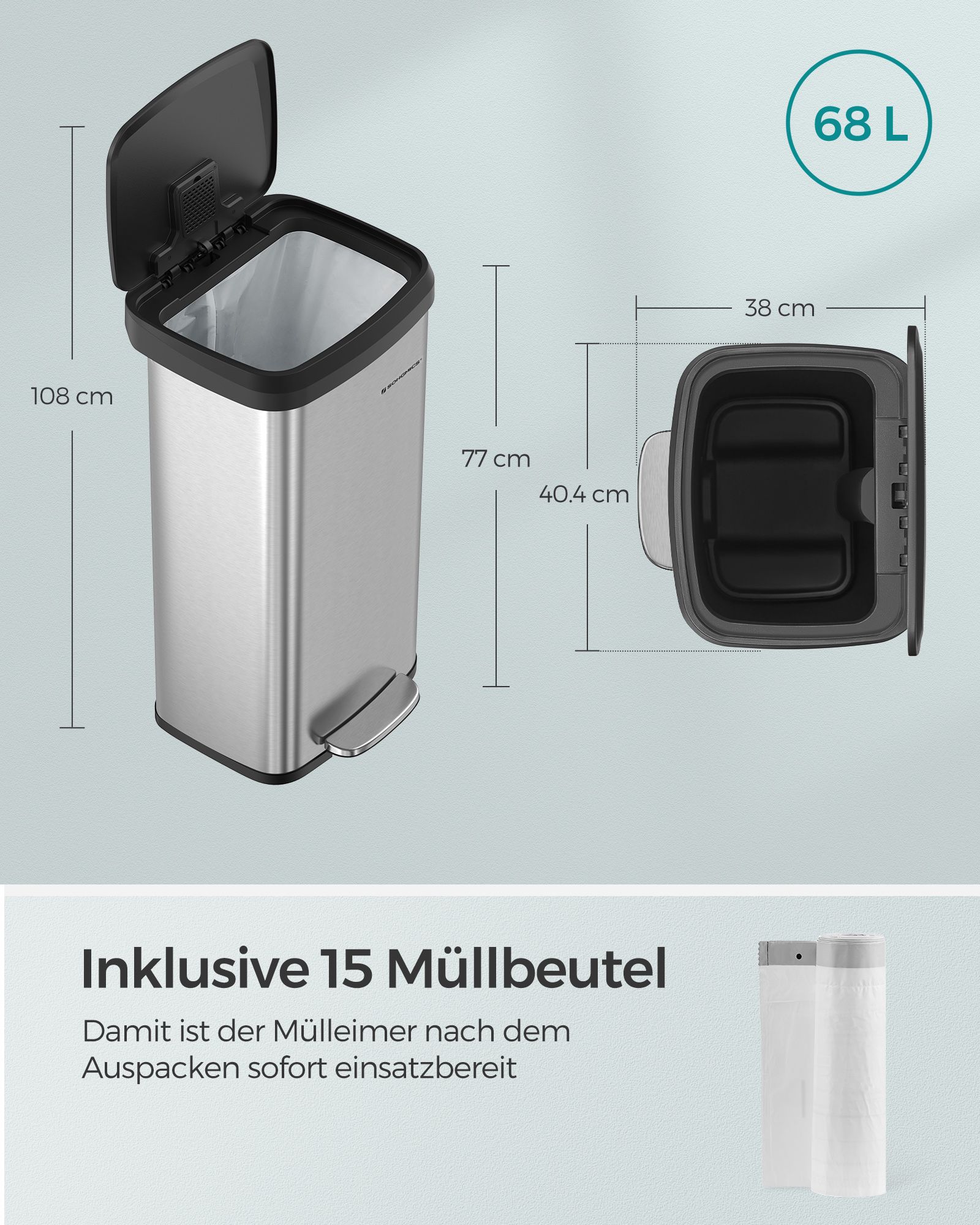 Mülleimer Küche 68 Liter aus Metall mit Deckel silbern-schwarz Mülleimer Küche 68 Liter aus Metall mit Deckel silbern-schwarz