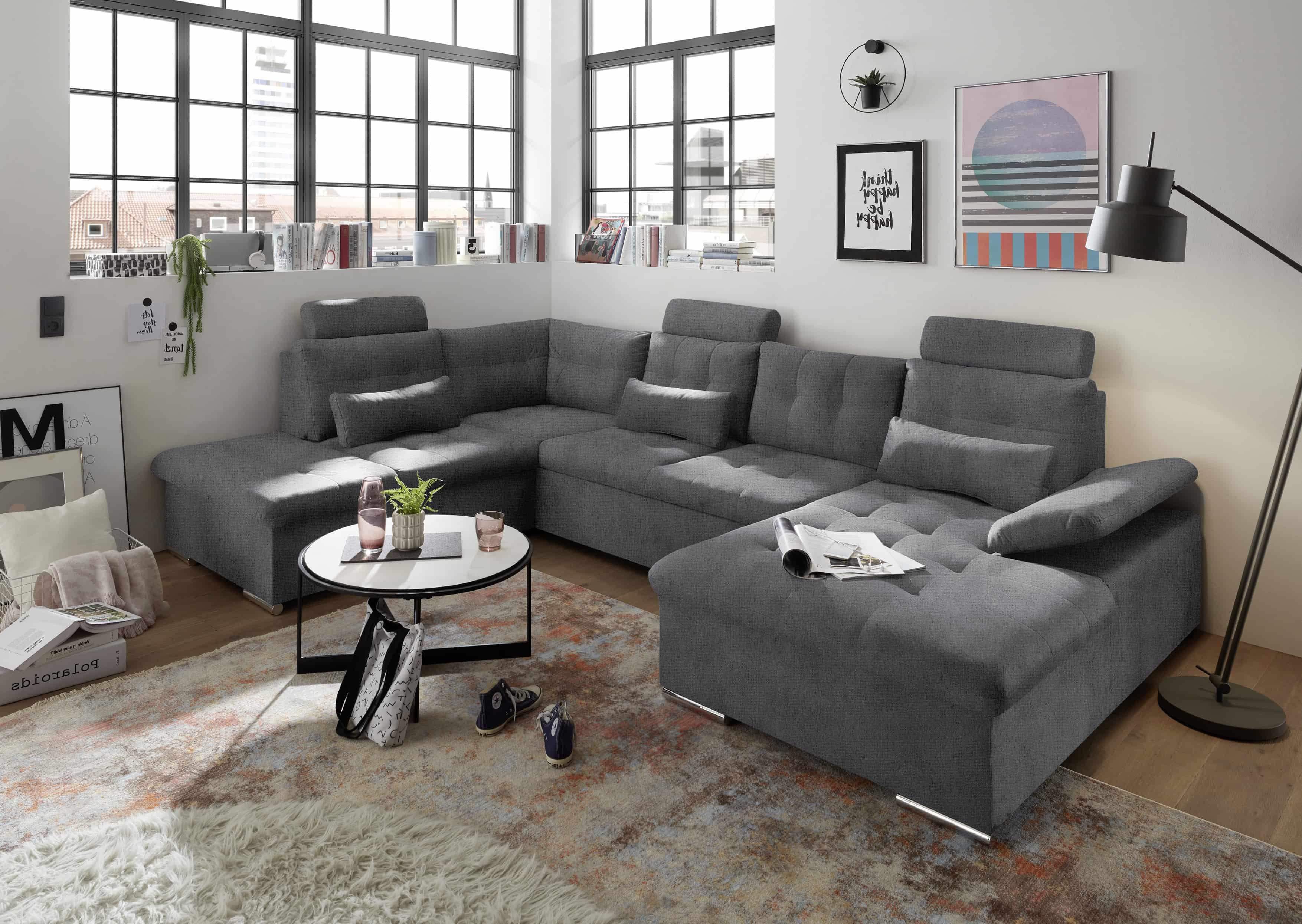 Couchlandschaft mit Schlaffunktion und Bettkasten, Anthrazit – Medan XXL