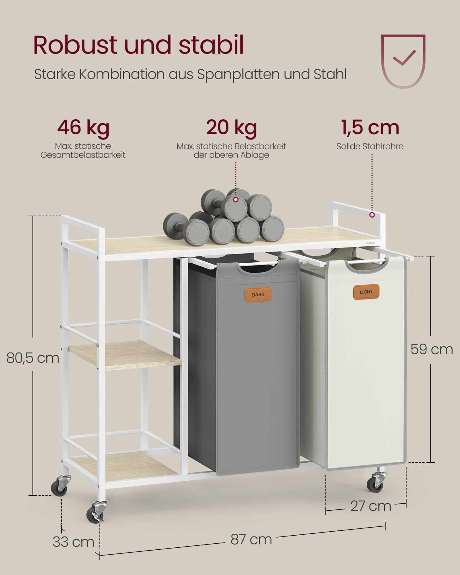Wäschekorb 2 Fächer naturbeige-taubengrau-cremeweiß