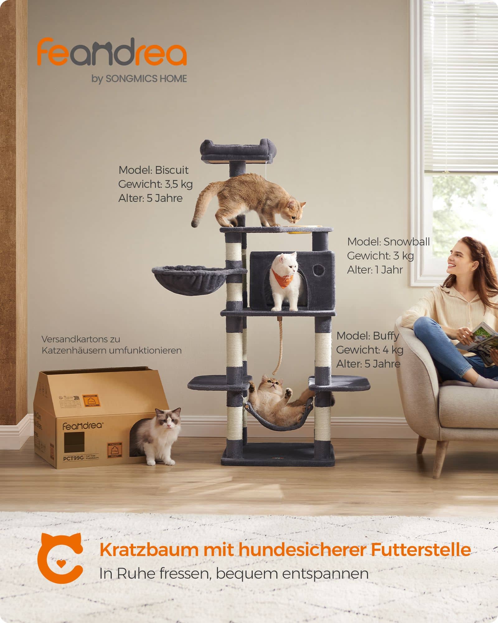 Kratzbaum mit Fressnapf 174 cm Grau-PCT99G Kratzbaum mit Fressnapf 174 cm Grau-PCT99G