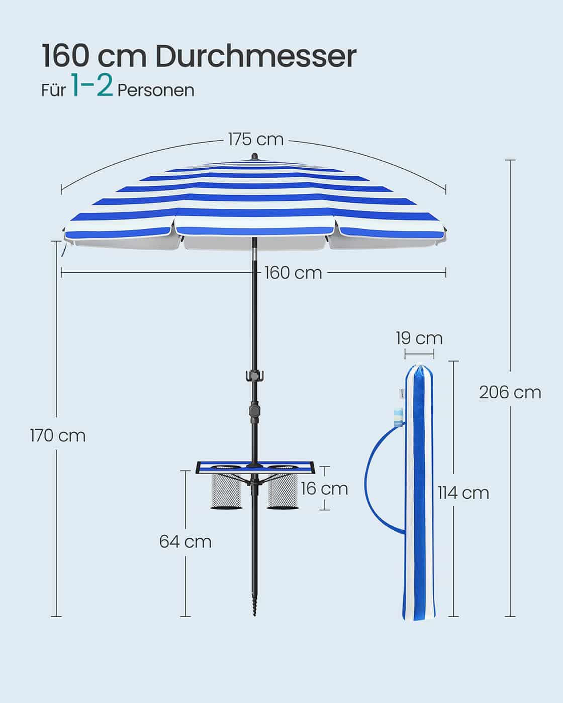 Sonnenschirm 160 cm beidseitig um 30° knickbar höhenverstellbar blau-weiß Sonnenschirm 160 cm beidseitig um 30° knickbar höhenverstellbar blau-weiß