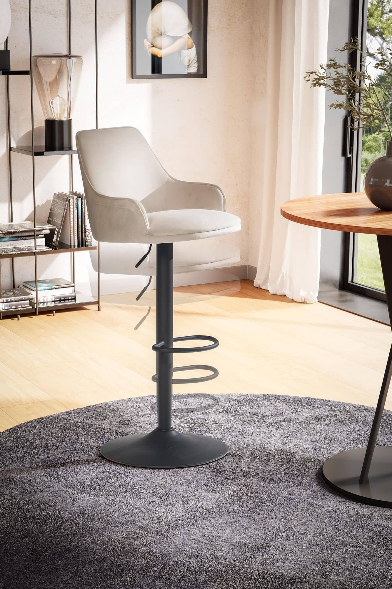 Barhocker Samt Beige Hocker mit Lehne 86 - 106 cm Barhocker Samt Beige Hocker mit Lehne 86 - 106 cm