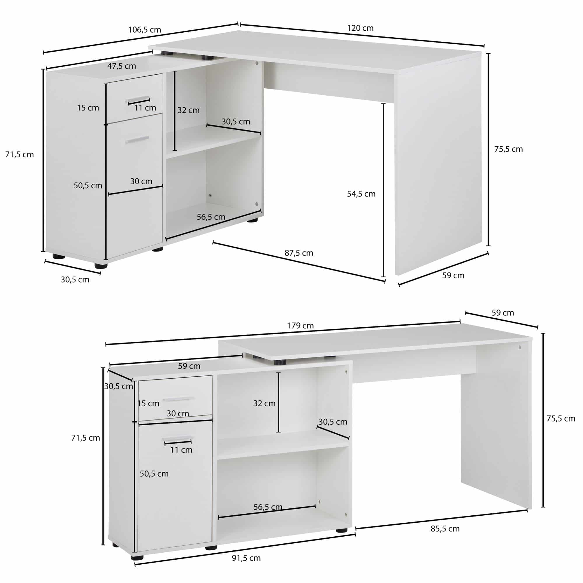 45943-WOHNLING-Design-Schreibtisch-mit-Regal-Eckschreibtisch-Weiss-Moderner-Buerotisch-Computertisch-Arbeitszimmer-Winkelschreibtisch-Home-Office-WL5-305-WL5-305 Design Eckschreibtisch mit Regal Weiß 120 x 75,5 x 106,5 cm