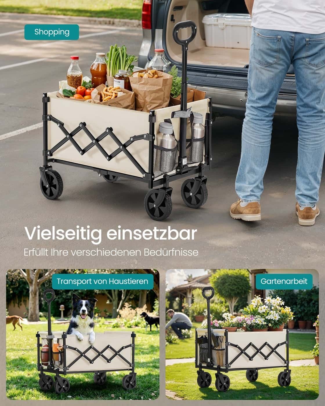 Kleiner Handwagen faltbar mit 4 verstärkten Rollen und Griff Sandbeige