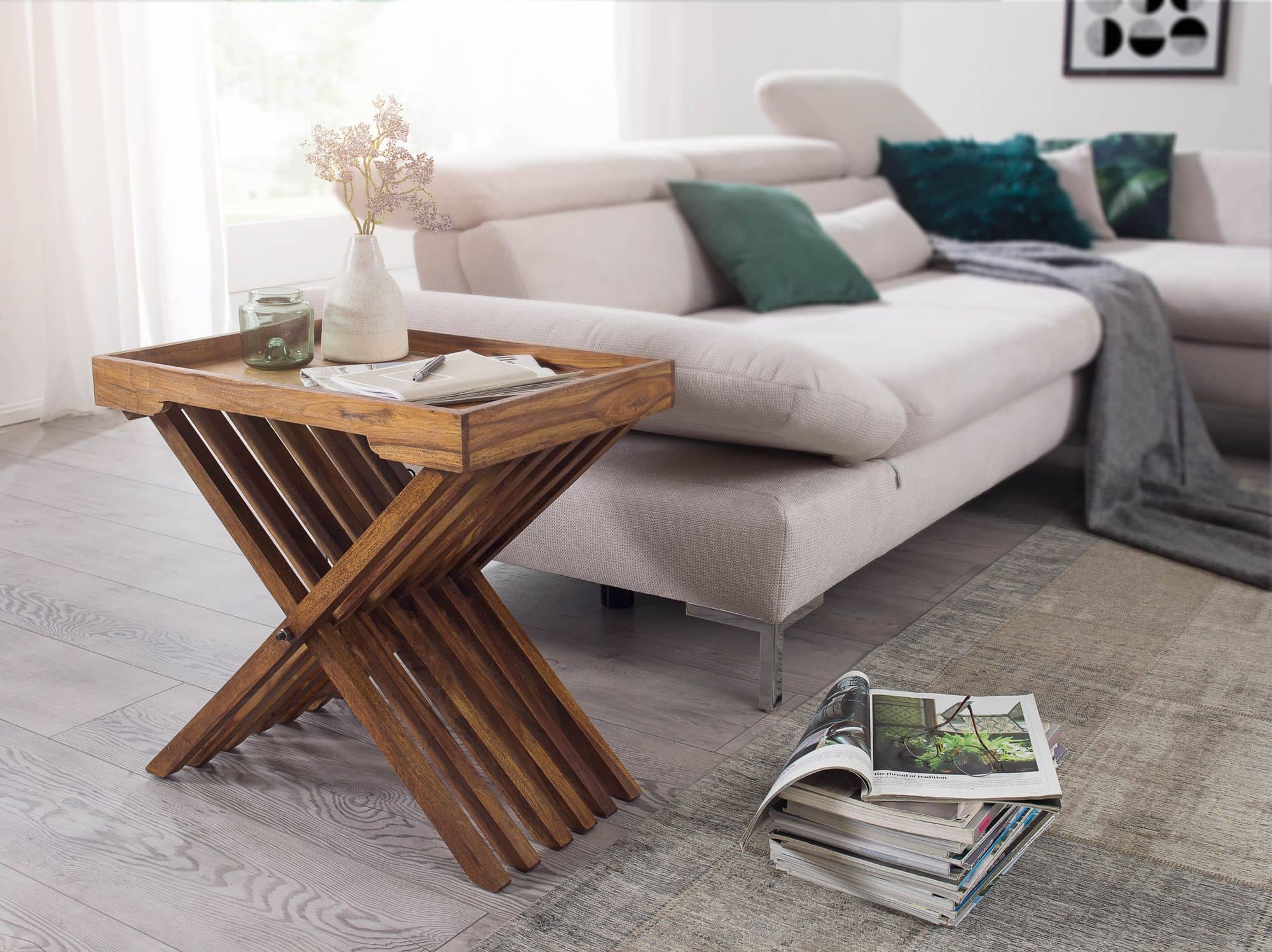 40306-WOHNLING-Beistelltisch-MUMBAI-Massivholz-Sh_192sJhke7mH8Pz Beistelltisch MUMBAI Massivholz Sheesham Design Klapptisch Serviertablett und Tisch-Gestell klappbar Landhaus-Stil