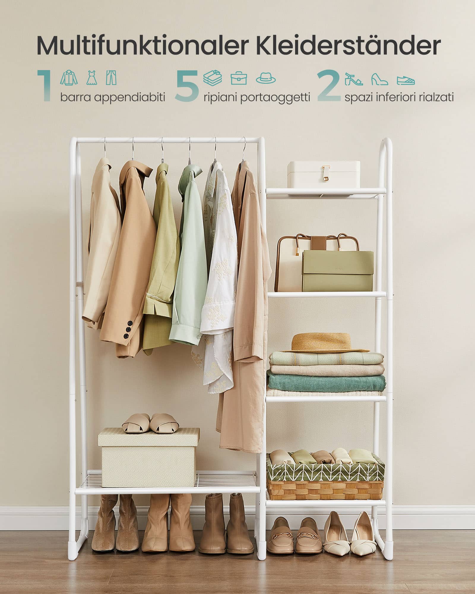 Kleiderständer mit 5 Ablagen und Stahlrahmen wolkenweiß Kleiderständer mit 5 Ablagen und Stahlrahmen wolkenweiß