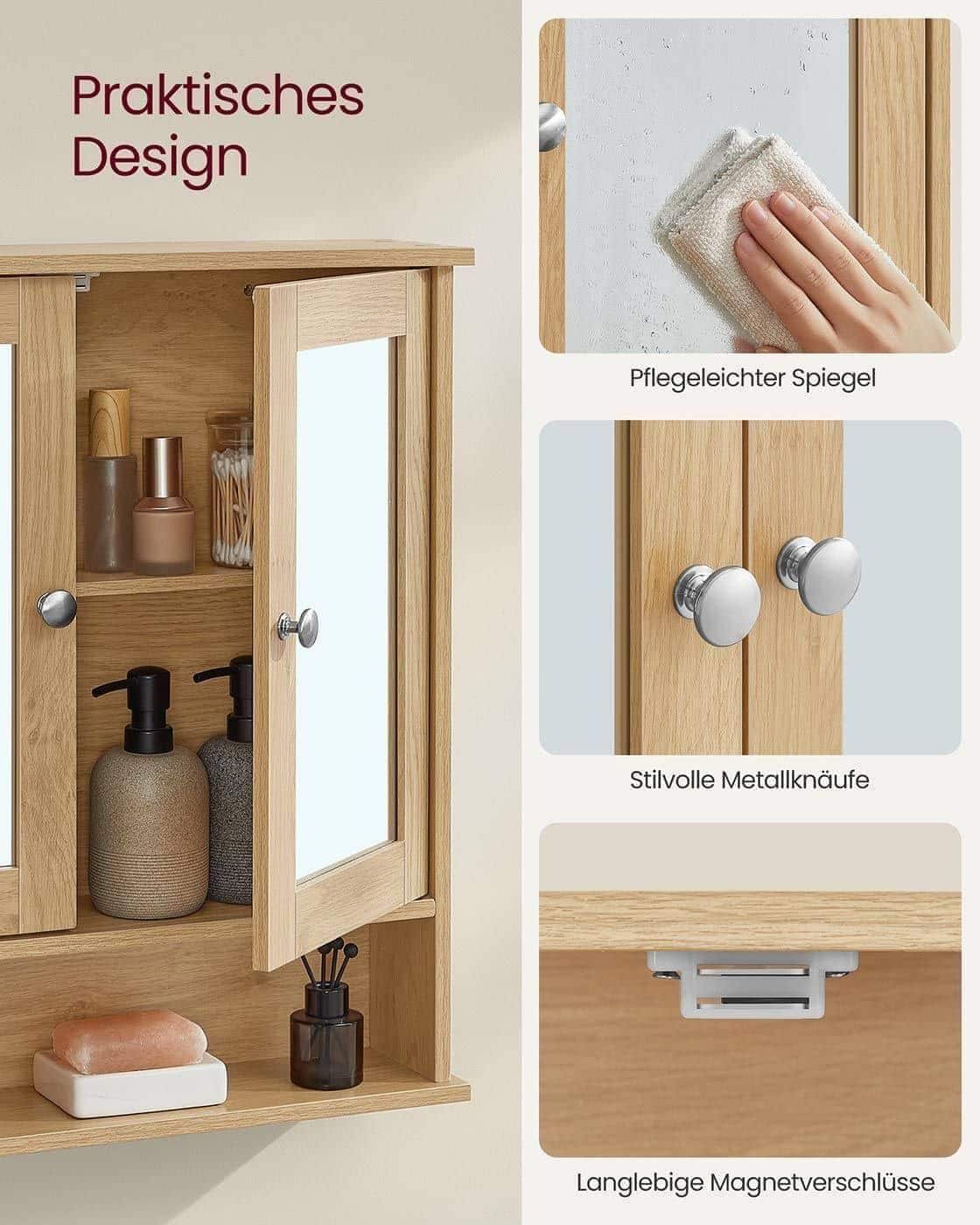 Spiegelschrank mit 2 Spiegeltüren und offenem Fach natureichenfarben Spiegelschrank mit 2 Spiegeltüren und offenem Fach natureichenfarben