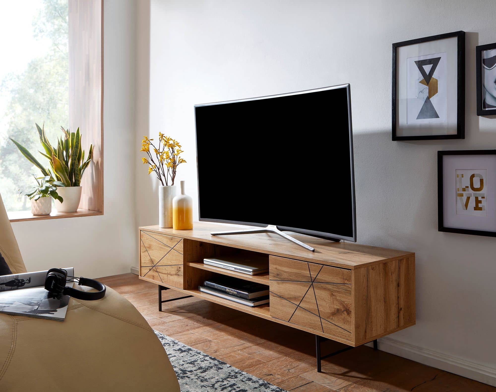 64671-Wohnling-Lowboard-TV-Board-160x40x45-cm-Eiche-WL6-579-WL6-579_2 Lowboard Holz Eiche-Dekor 160x45x40 cm TV-Kommode mit zwei Türen