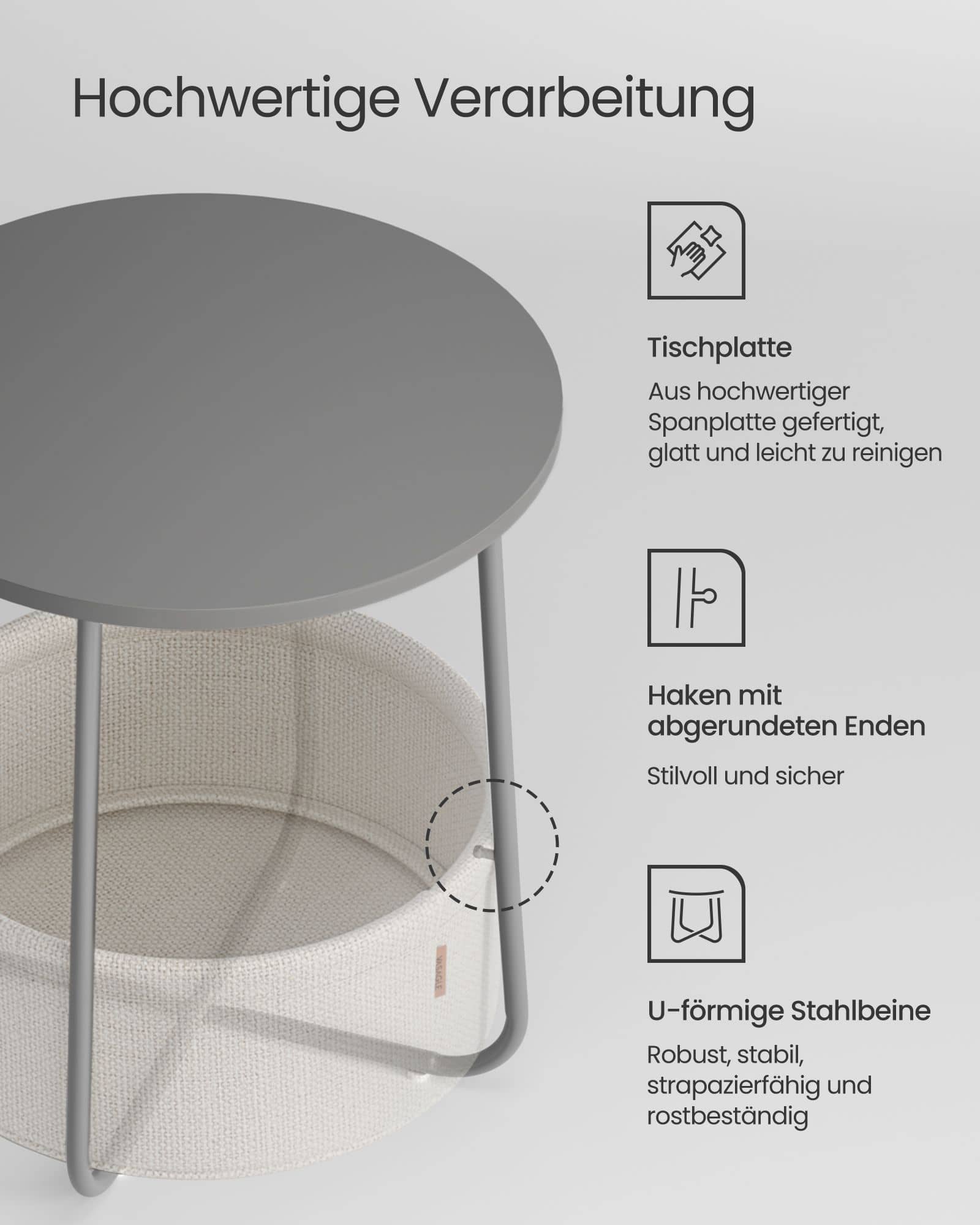 Beistelltisch rund mit Korb aus Stoff Beistelltisch rund mit Korb aus Stoff