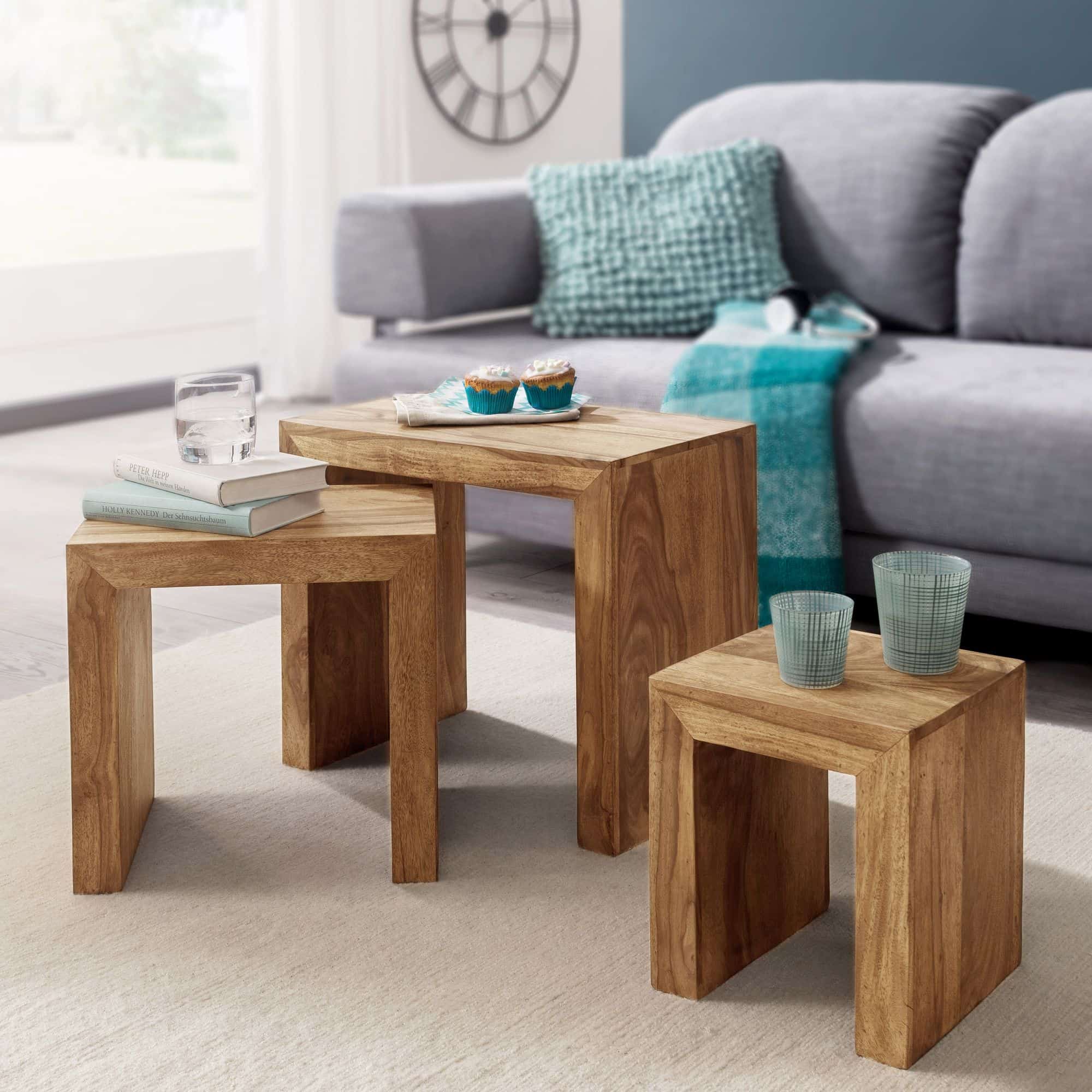3er Set Satztisch MUMBAI Massiv-Holz Akazie Wohnzimmer-Tisch Landhaus-Stil Beistelltisch dunkel-braun Naturholz 3er Set Satztisch MUMBAI Massiv-Holz Akazie Wohnzimmer-Tisch Landhaus-Stil Beistelltisch dunkel-braun Naturholz