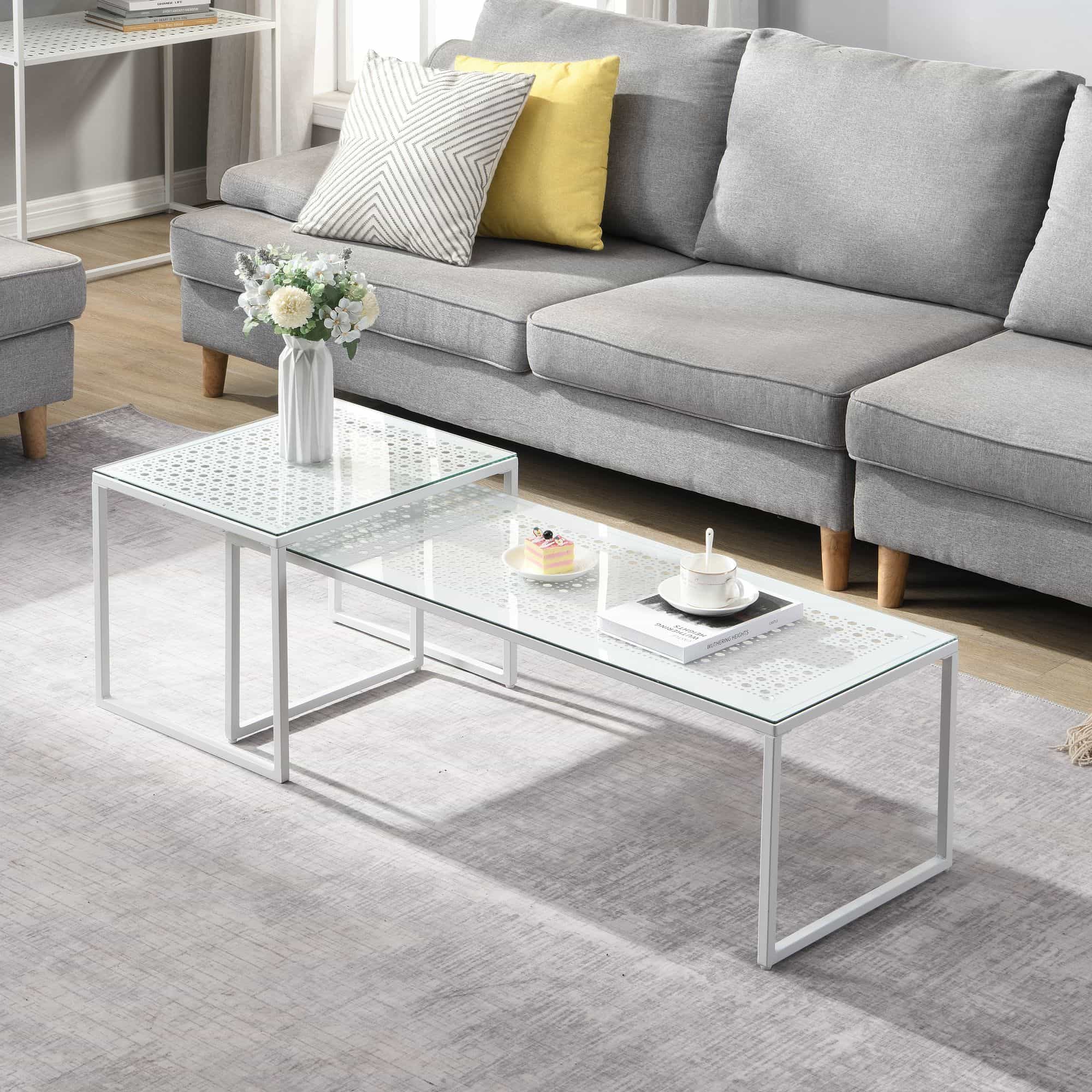 Satztisch Glas Metall 2er Set Modern Couchtisch Weiß