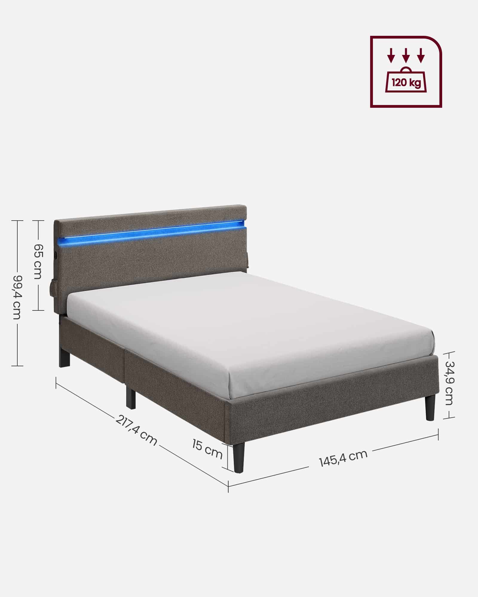 Doppelbett aus Metall 140 x 200 cm LED-Beleuchtung dunkelgrau Doppelbett aus Metall 140 x 200 cm LED-Beleuchtung dunkelgrau