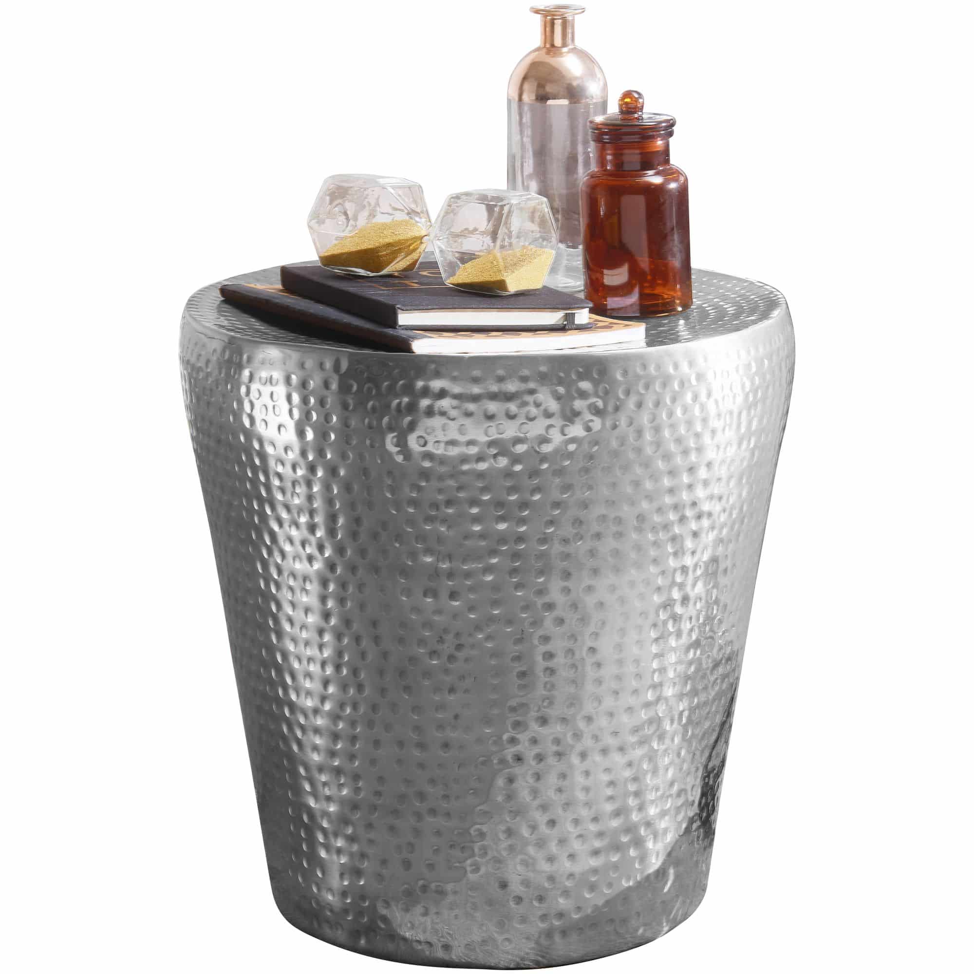 46250-WOHNLING-Beistelltisch-VIKRAM-41x41x41cm-Aluminium-Silber-Dekotisch-orientalisch-rund-Kleiner-Hammerschlag-Abstelltisch-Designer-Ablagetisch-Metall-modern-Anstelltisch-schmal Beistelltisch 41x41x41cm Aluminium Silber Dekotisch orientalisch rund