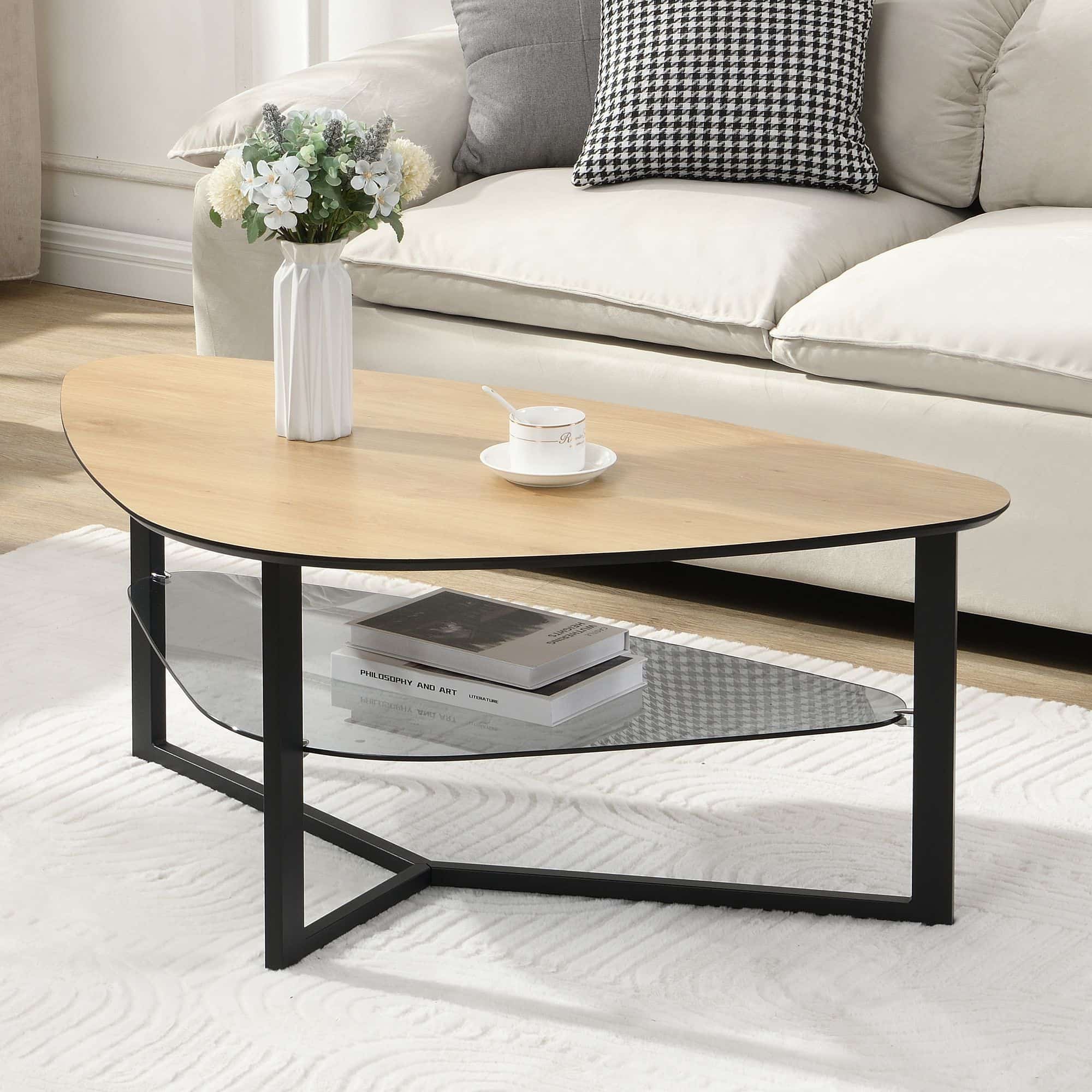 Couchtisch nierenförmig Eiche Optik 110 cm mit Glasablage & Metallgestell Couchtisch nierenförmig Eiche Optik 110 cm mit Glasablage & Metallgestell