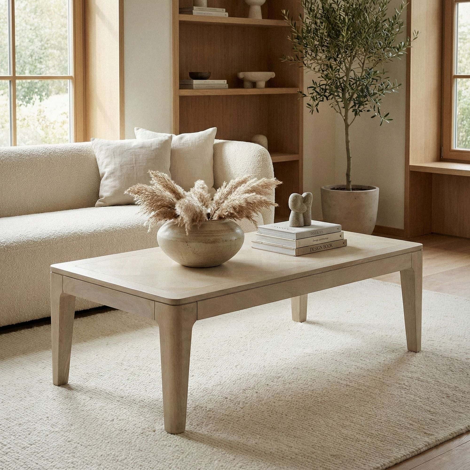 Couchtisch 120 x 60 cm Massivholz Mango white wash - Wohnzimmertisch Rechteckig - Sofatisch Modern Holz - Design Wohnzimmer Tisch Handmade