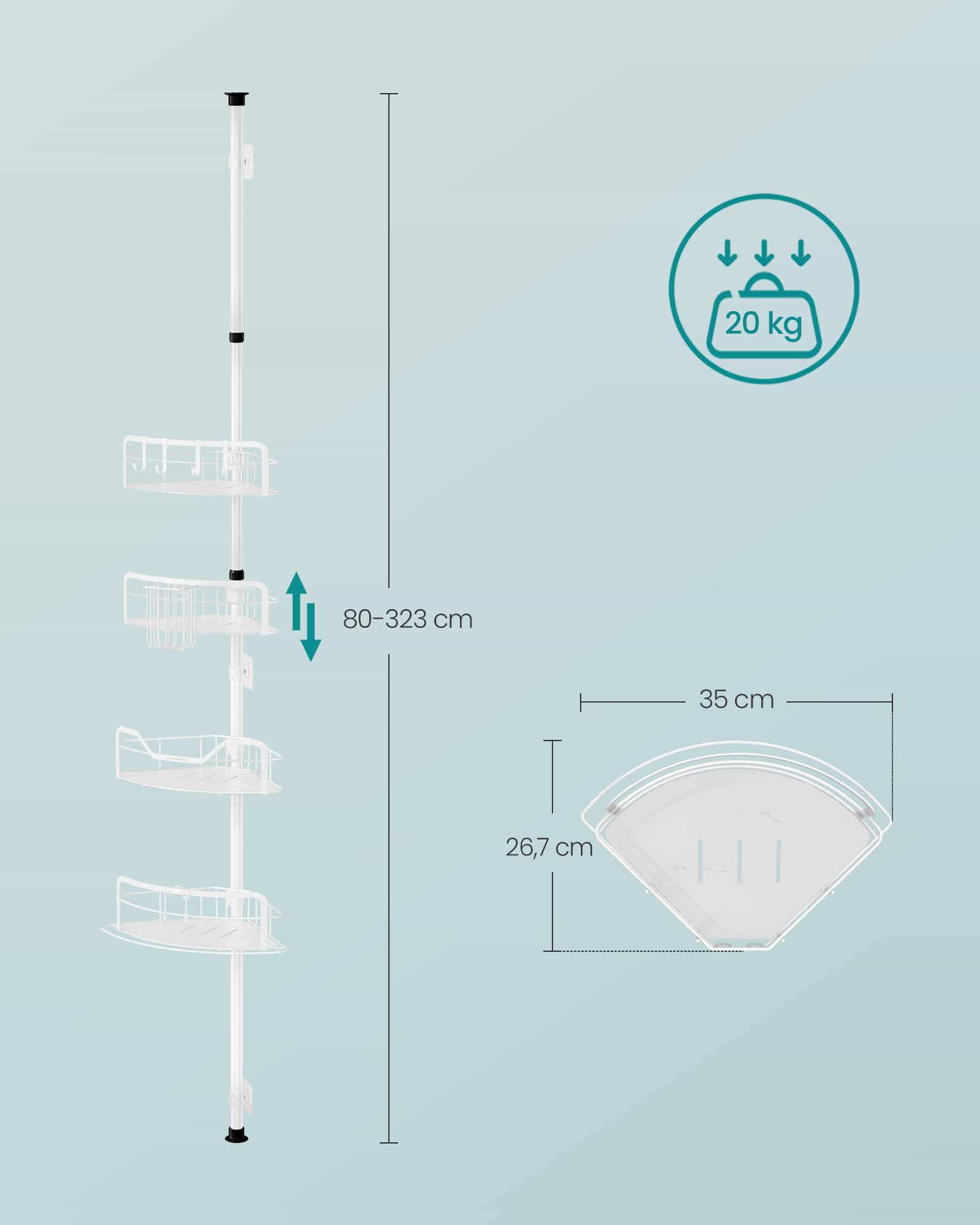 Duschregal Gesamthöhe 80-323 cm mit 4 Ebenen wolkenweiß Duschregal Gesamthöhe 80-323 cm mit 4 Ebenen wolkenweiß
