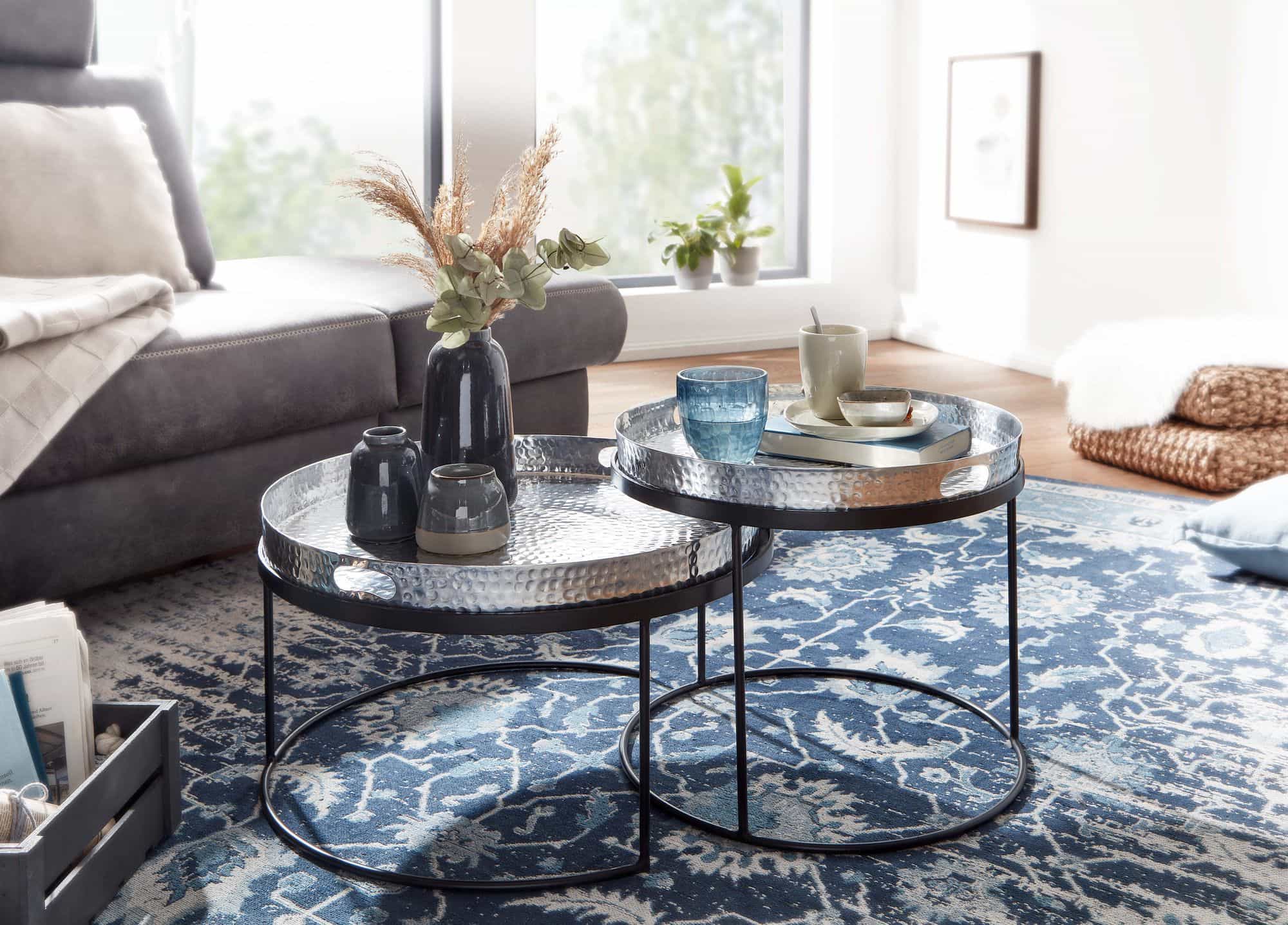 63457-WOHNLING-Couchtisch-2er-Set-Silber-schwarz-WL6-462-WL6-462_3DDYkwJ41uf3ZD Couchtisch 2er Set Silber / Schwarz Metall Hammerschlag Satztisch Rund