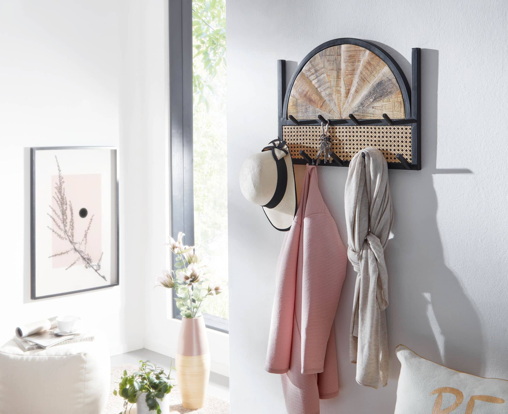 67864-Wohnling-Garderobe-54x8x40-cm-Mango-Rattan-WL6-590-WL6-590_6 Wandgarderobe Mango Massivholz / Rattan 53x40x7,5 cm Design Flurgarderobe