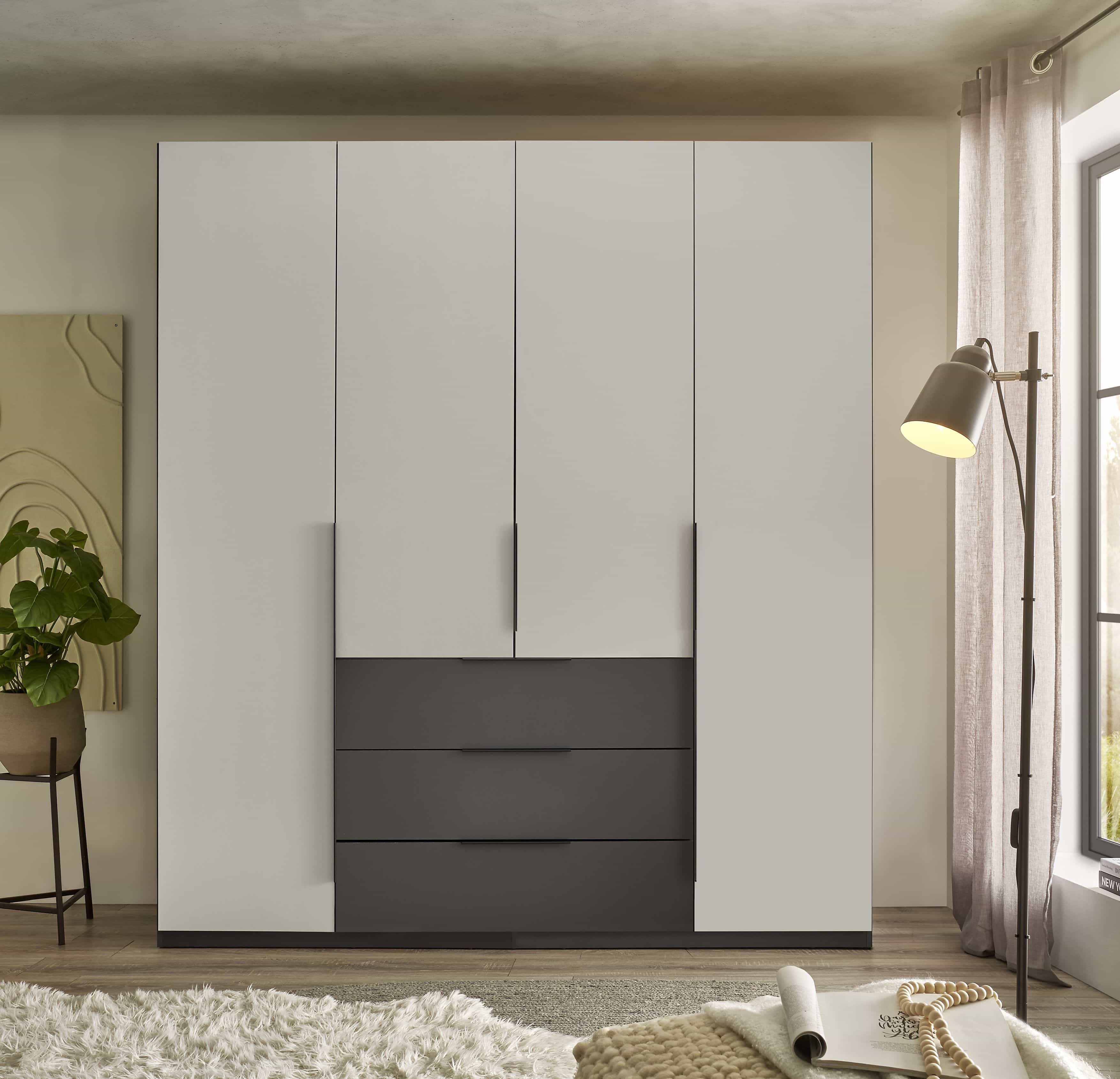 Kleiderschrank Nuka 200x225 cm – moderner Schrank in Graphit/Hellgrau mit 4 Türen & 3 Schubladen Kleiderschrank Nuka 200x225 cm – moderner Schrank in Graphit/Hellgrau mit 4 Türen & 3 Schubladen