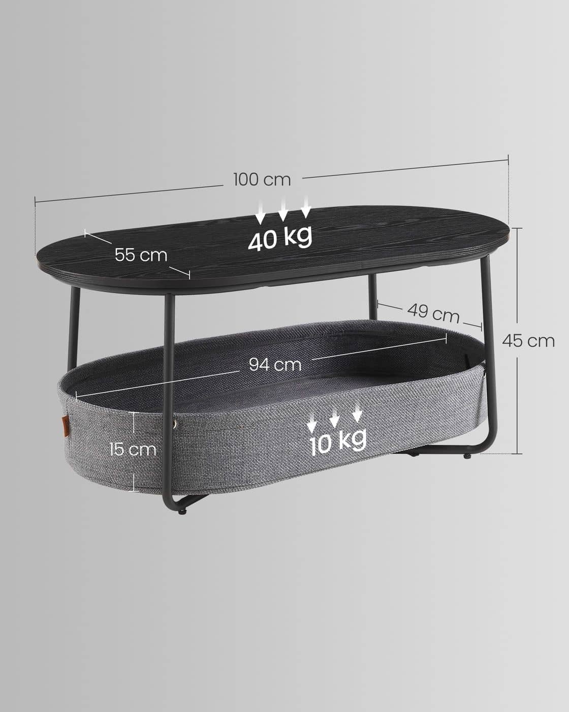 Couchtisch oval mit Stauraum und Stoffkorb Tintenschwarz-Schiefergrau