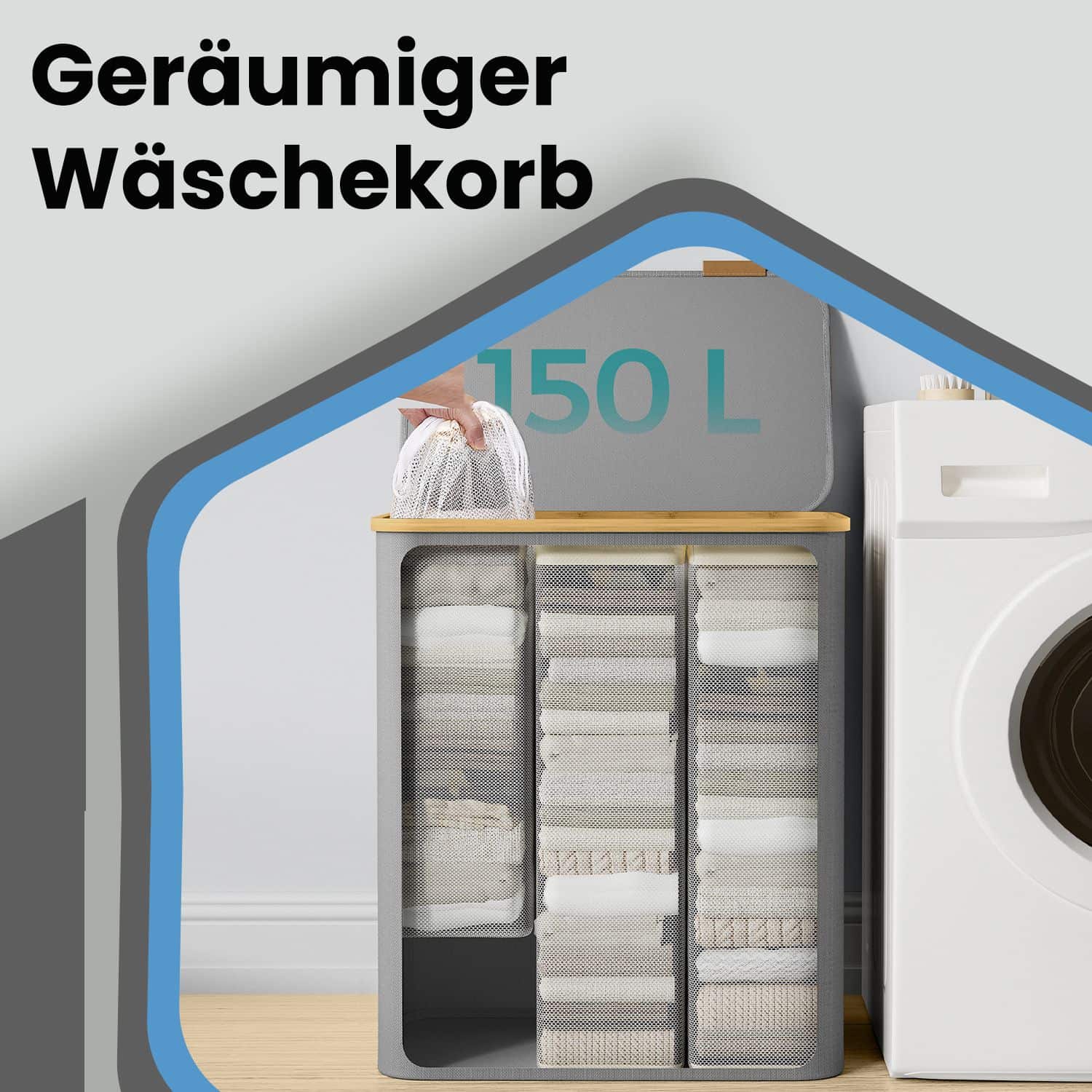 Wäschekorb 3 Fächer, Wäschesammler mit Deckel, 150 L Wäschekorb 3 Fächer, Wäschesammler mit Deckel, 150 L