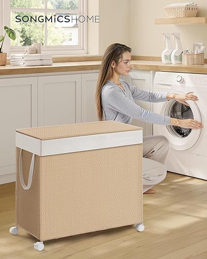 Wäschekorb 140 L mit 3 Fächern und Rollen naturbeige-mattweiß
