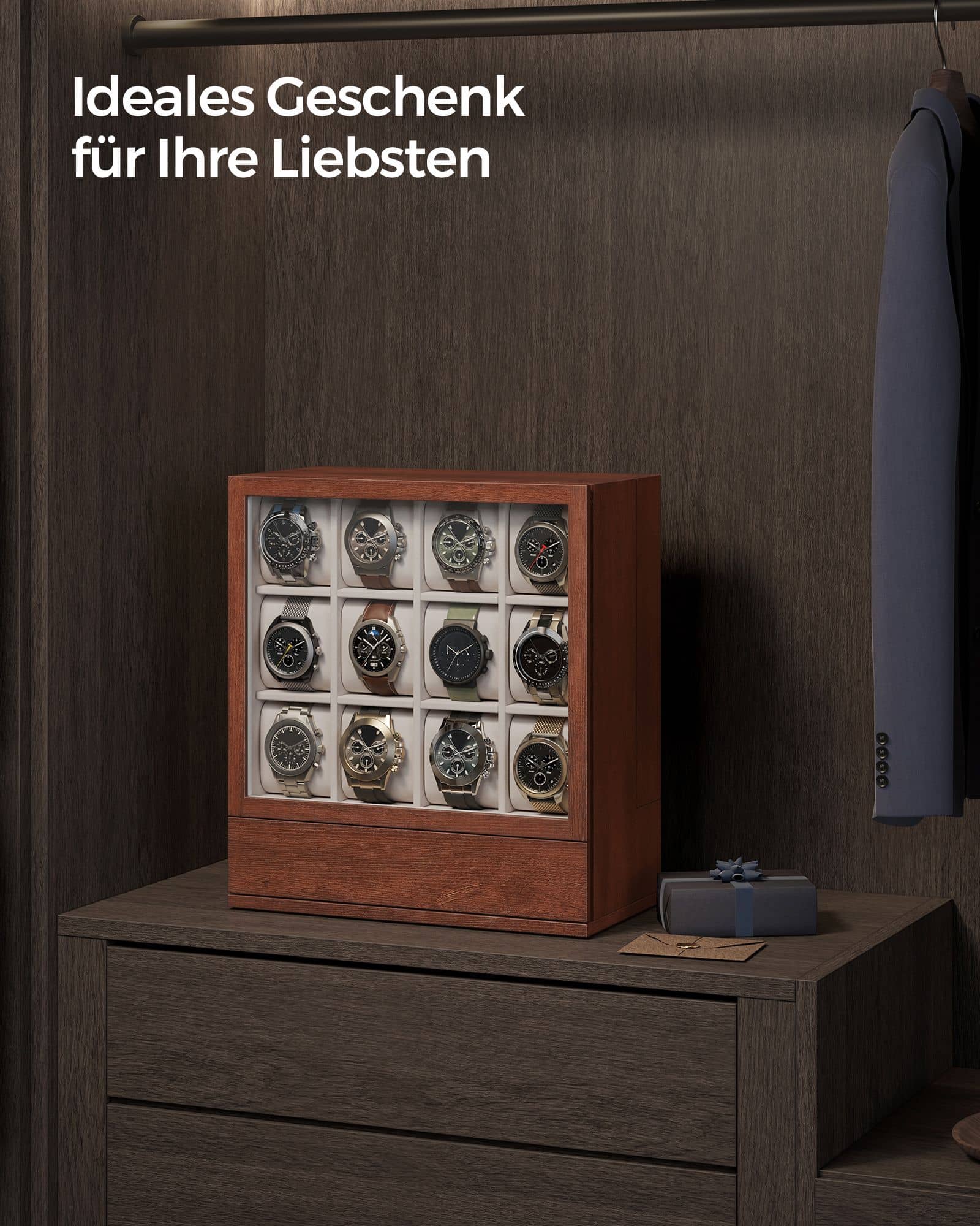 Uhrenbox 12 Fächer mit Fenster Geschenkidee kaffeebraun Uhrenbox 12 Fächer mit Fenster Geschenkidee kaffeebraun