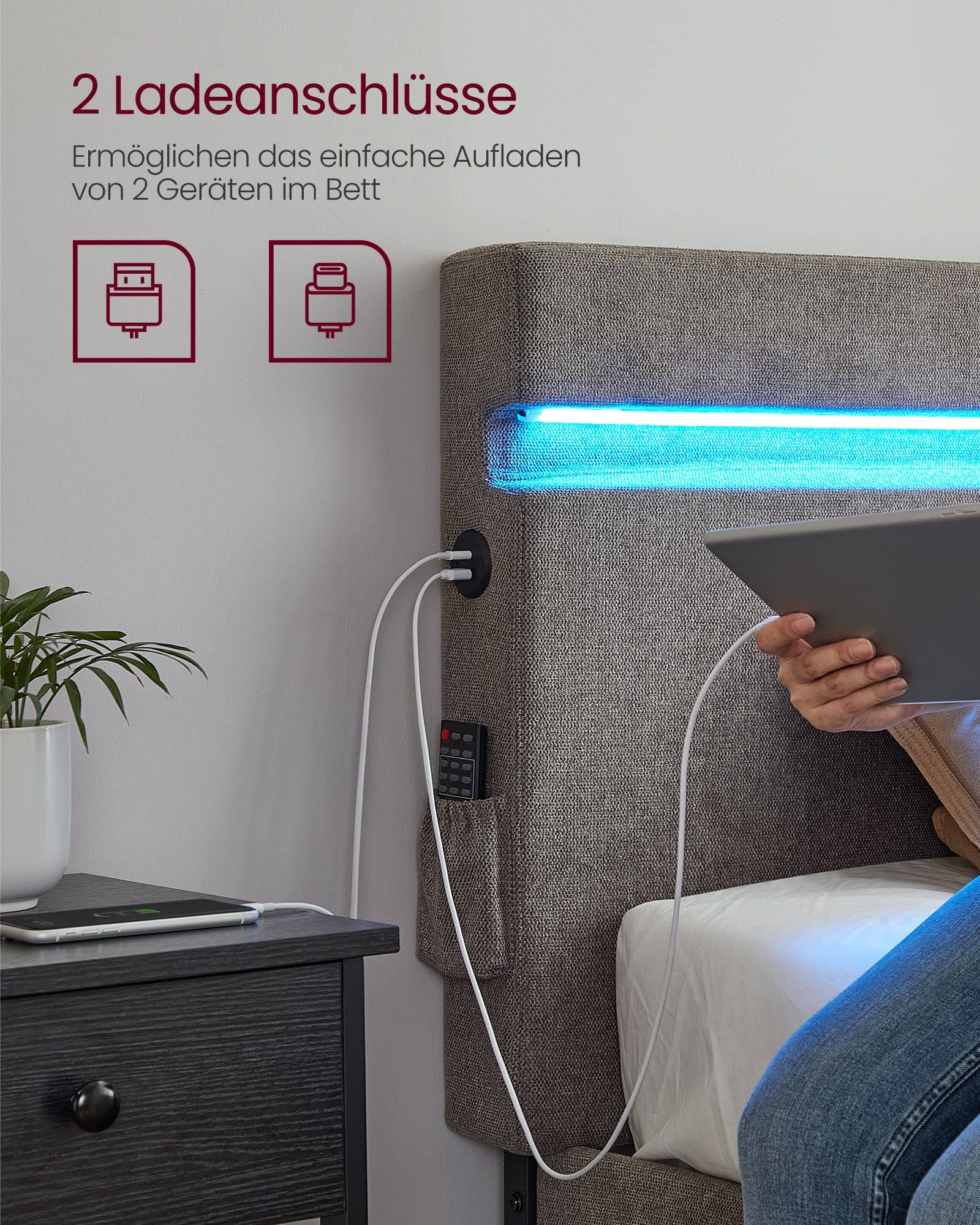Doppelbett aus Metall 140 x 190 cm LED-Beleuchtung dunkelgrau Doppelbett aus Metall 140 x 190 cm LED-Beleuchtung dunkelgrau