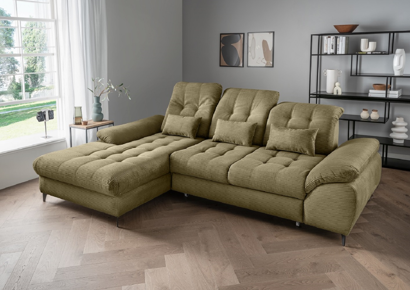 Das Ecksofa Modell Delphino in Cord  – Schlaffunktion und Bettkasten inklusive