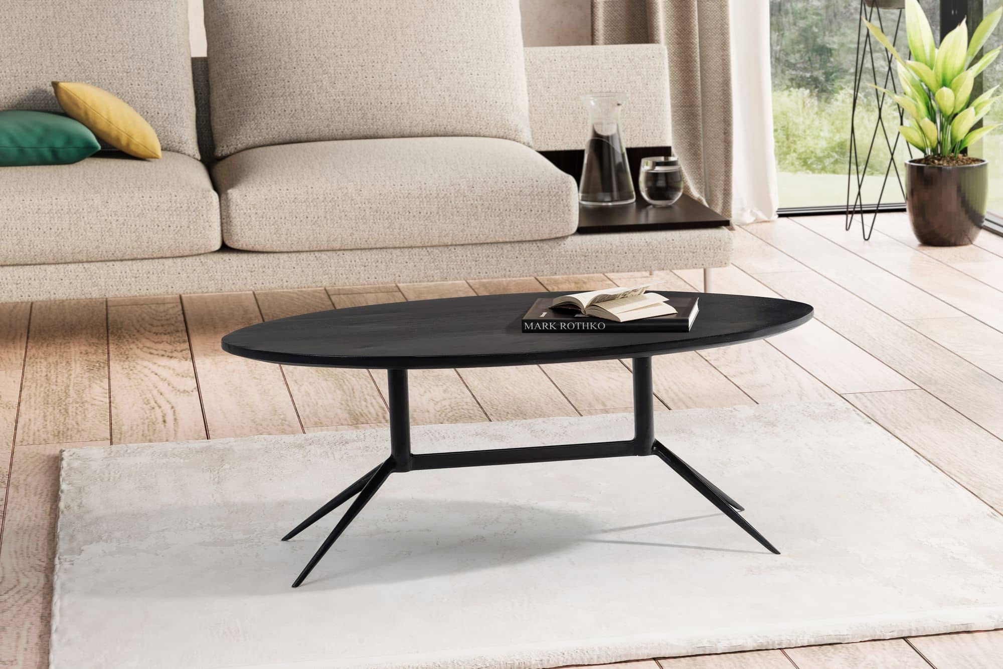 Couchtisch 90x50x35 cm Mango Massivholz Metall Schwarz Sofatisch Oval Couchtisch 90x50x35 cm Mango Massivholz Metall Schwarz Sofatisch Oval