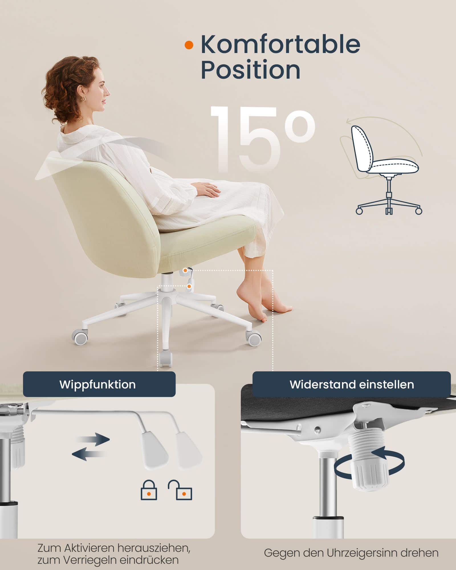 Bürostuhl mit breiter Sitzfläche und Fußkreuz beige Bürostuhl mit breiter Sitzfläche und Fußkreuz beige