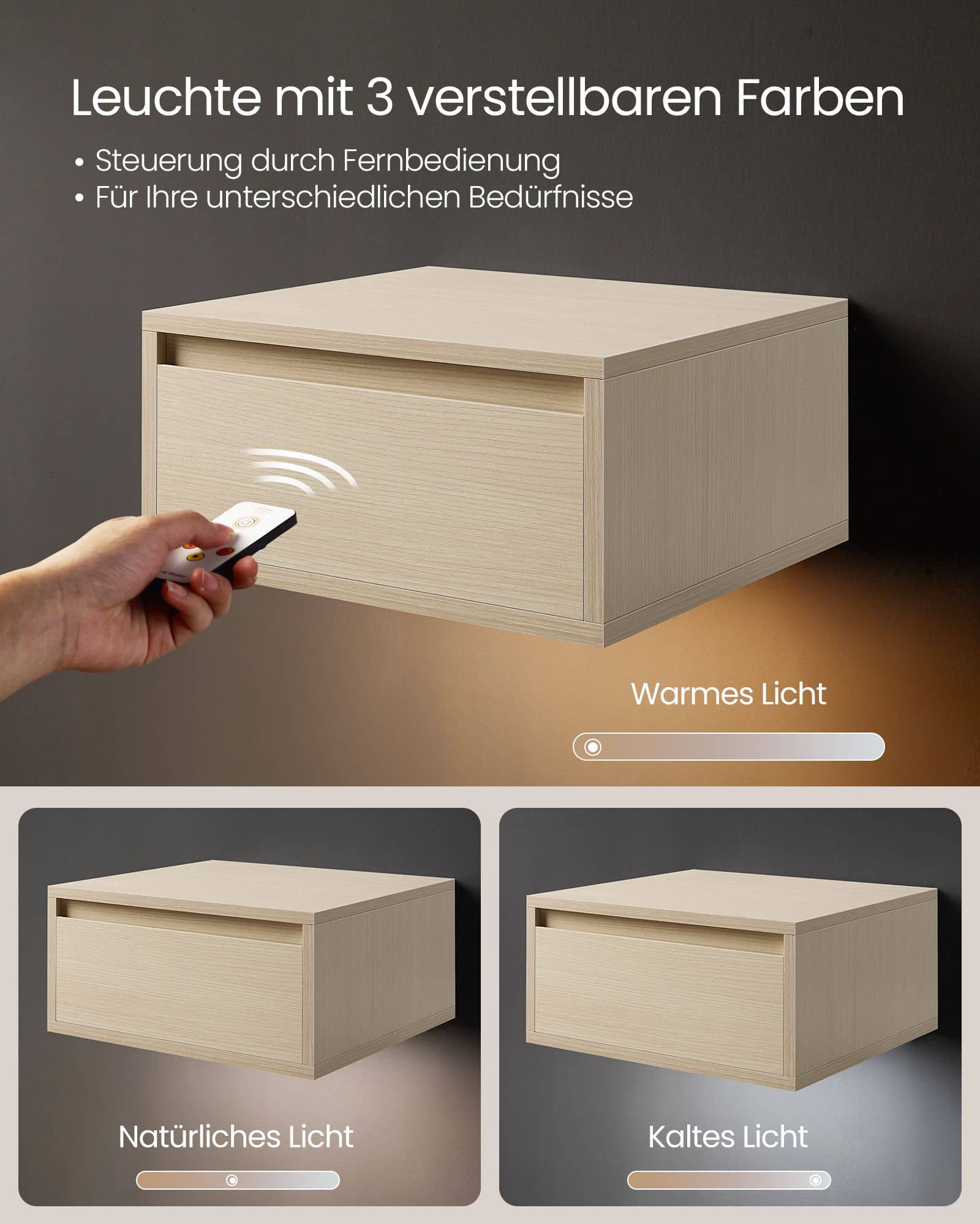 Nachttisch hängend mit Leuchten in 3 Farben naturbeige Nachttisch hängend mit Leuchten in 3 Farben naturbeige