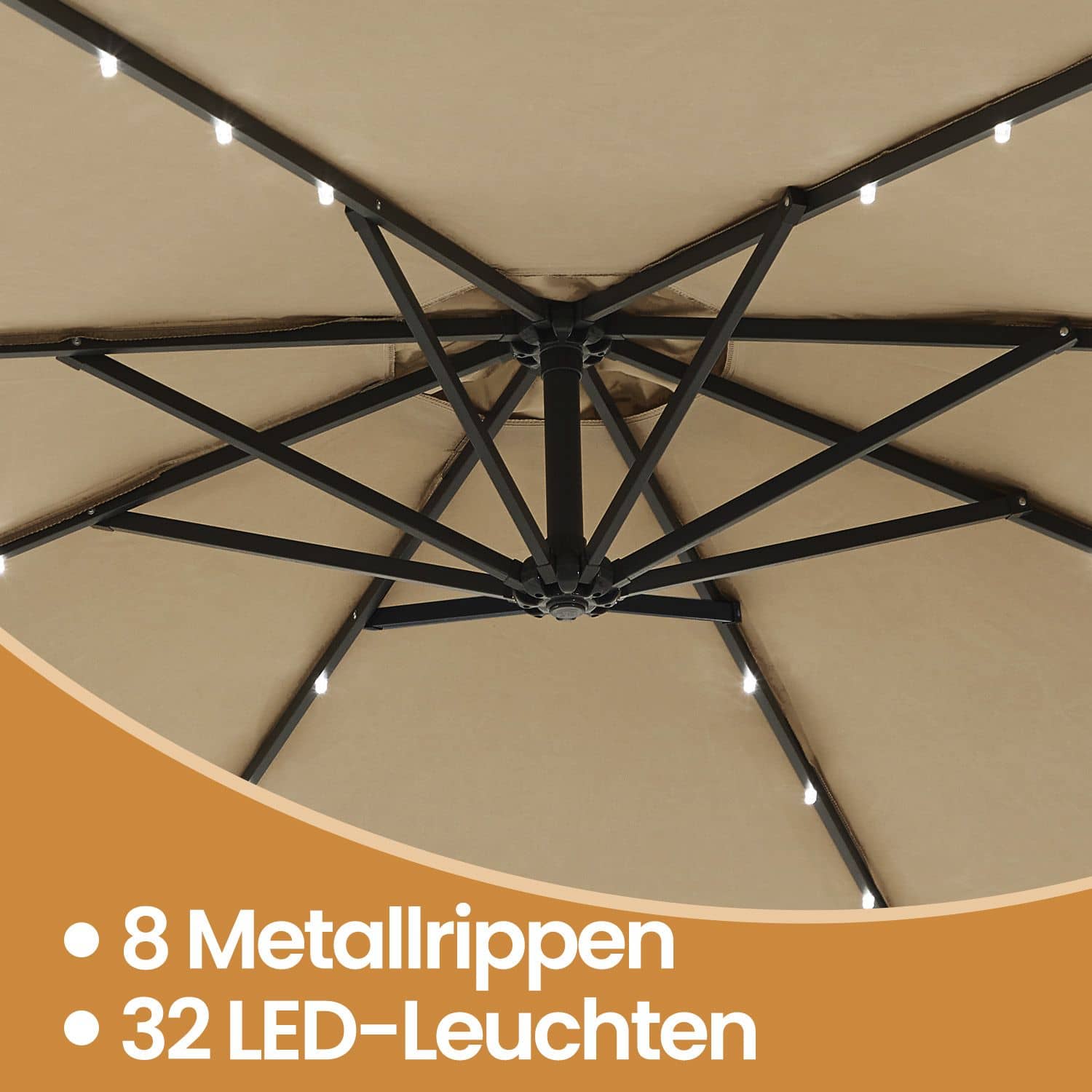 Sonnenschirm mit LED-Solar-Beleuchtung, Ampelschirm 300 cm d, 32 LED-Lämpchen Sonnenschirm mit LED-Solar-Beleuchtung, Ampelschirm 300 cm d, 32 LED-Lämpchen
