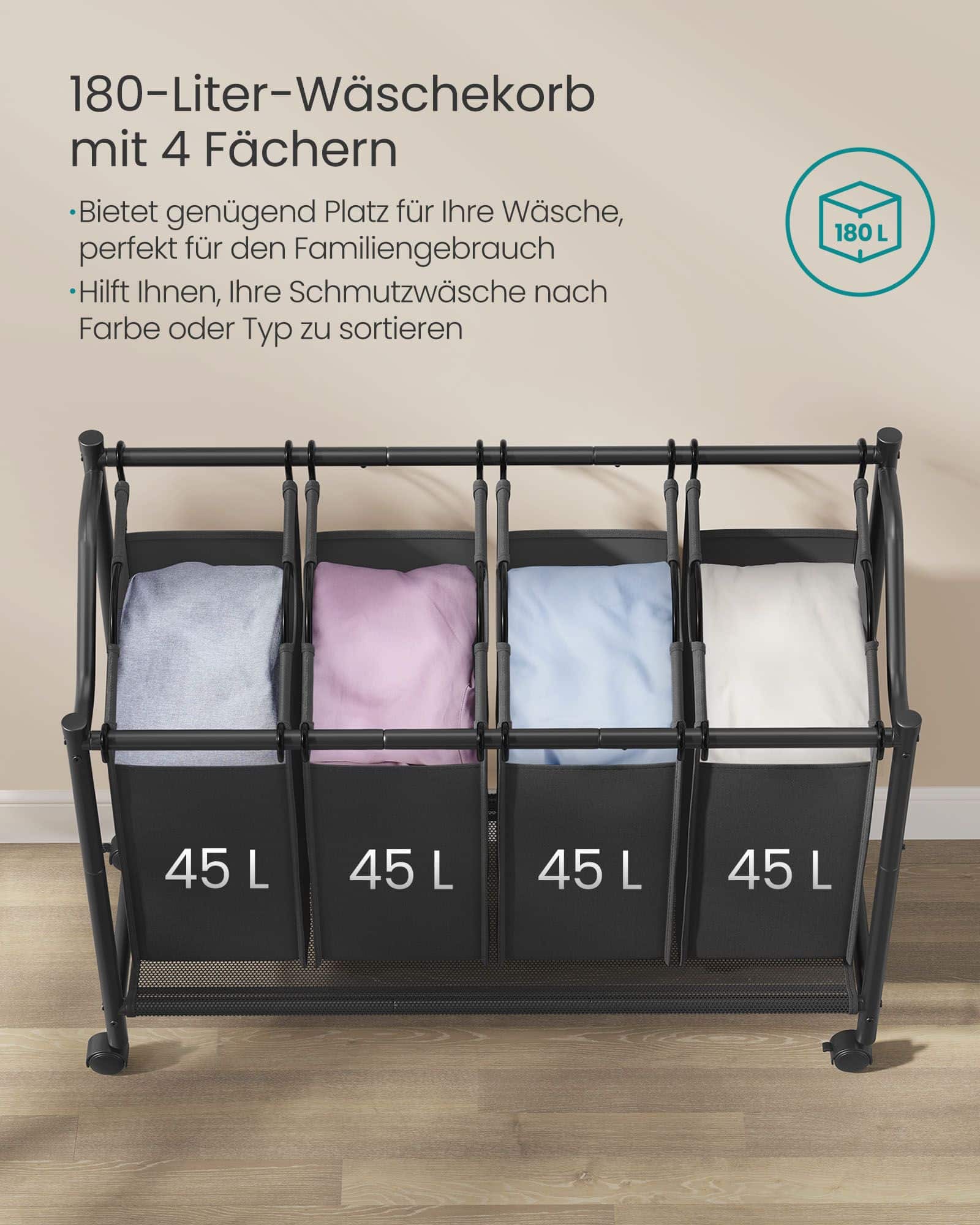 Wäschekorb mit Rollen 4 x 45 L tintenschwarz