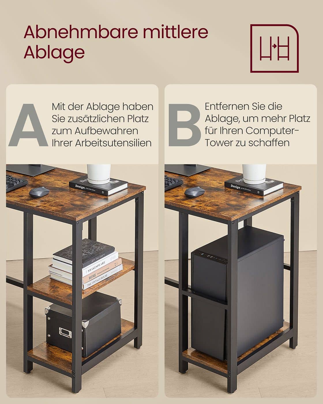 Schreibtisch 120 x 130 x 76 cm mit 2 Ablagen vintagebraun-tintenschwarz Schreibtisch 120 x 130 x 76 cm mit 2 Ablagen vintagebraun-tintenschwarz