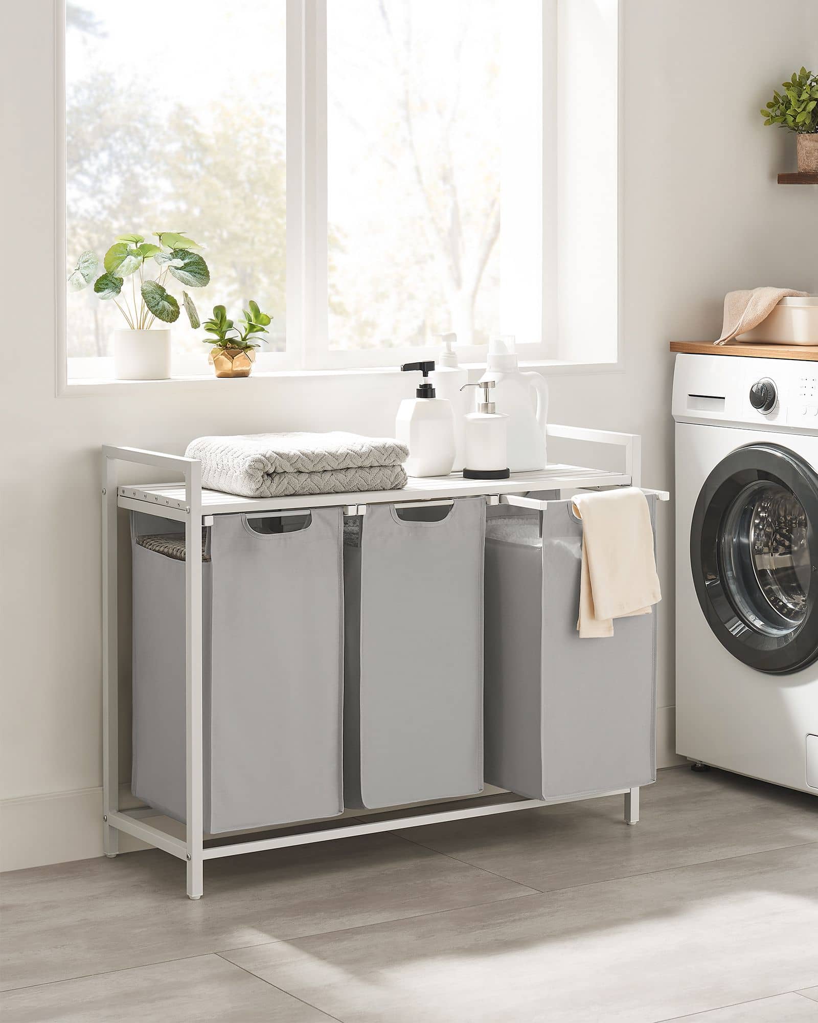 Wäschekorb 3 Fächer aus Oxford-Gewebe 3 x 38 L taubengrau Wäschekorb 3 Fächer aus Oxford-Gewebe 3 x 38 L taubengrau