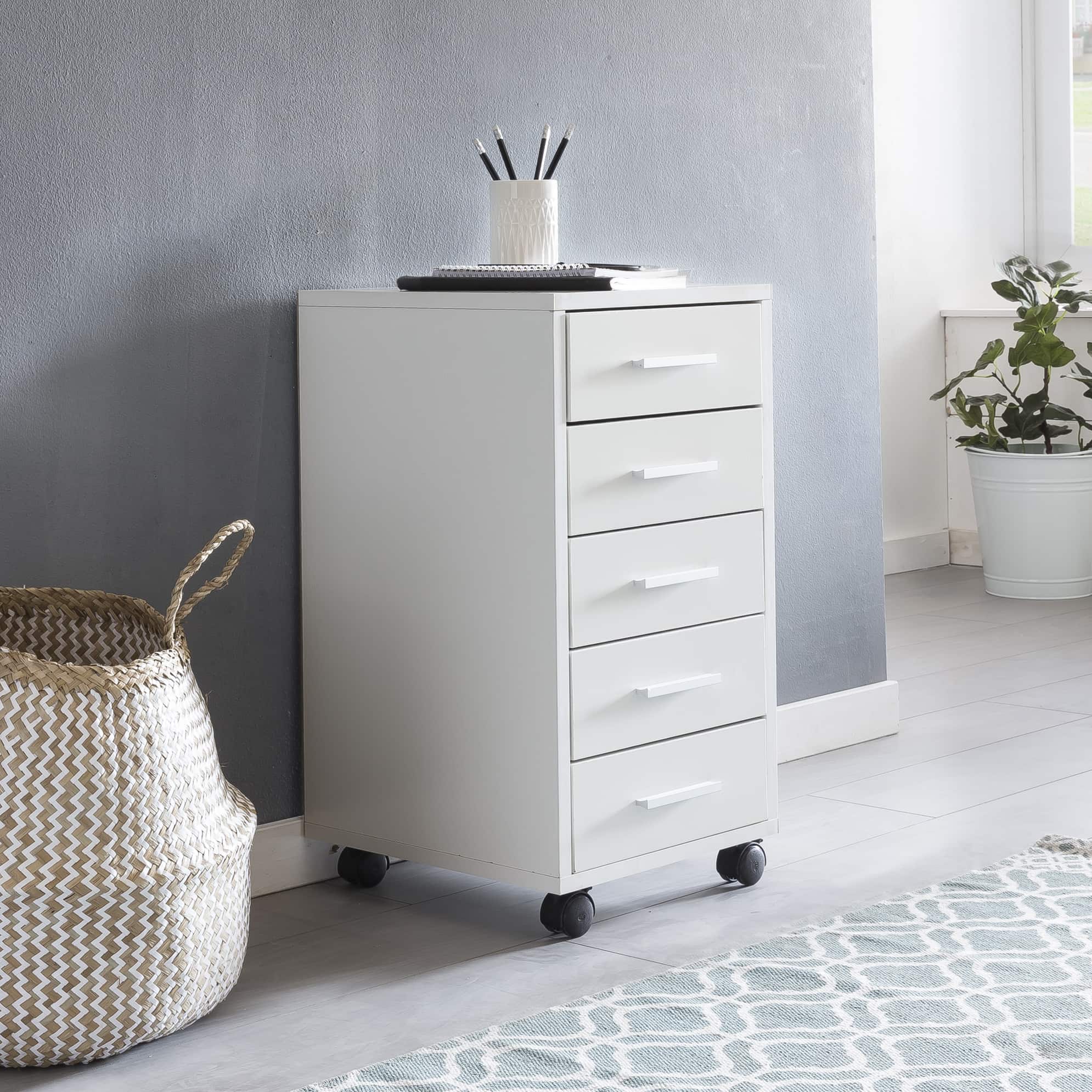 45767-WOHNLING-Rollcontainer-LISA-mit-5-SchubladenF4JNFXAO4ebnP Rollcontainer Weiß 33 x 63 x 38 cm Holz Schubladenschrank Schreibtisch