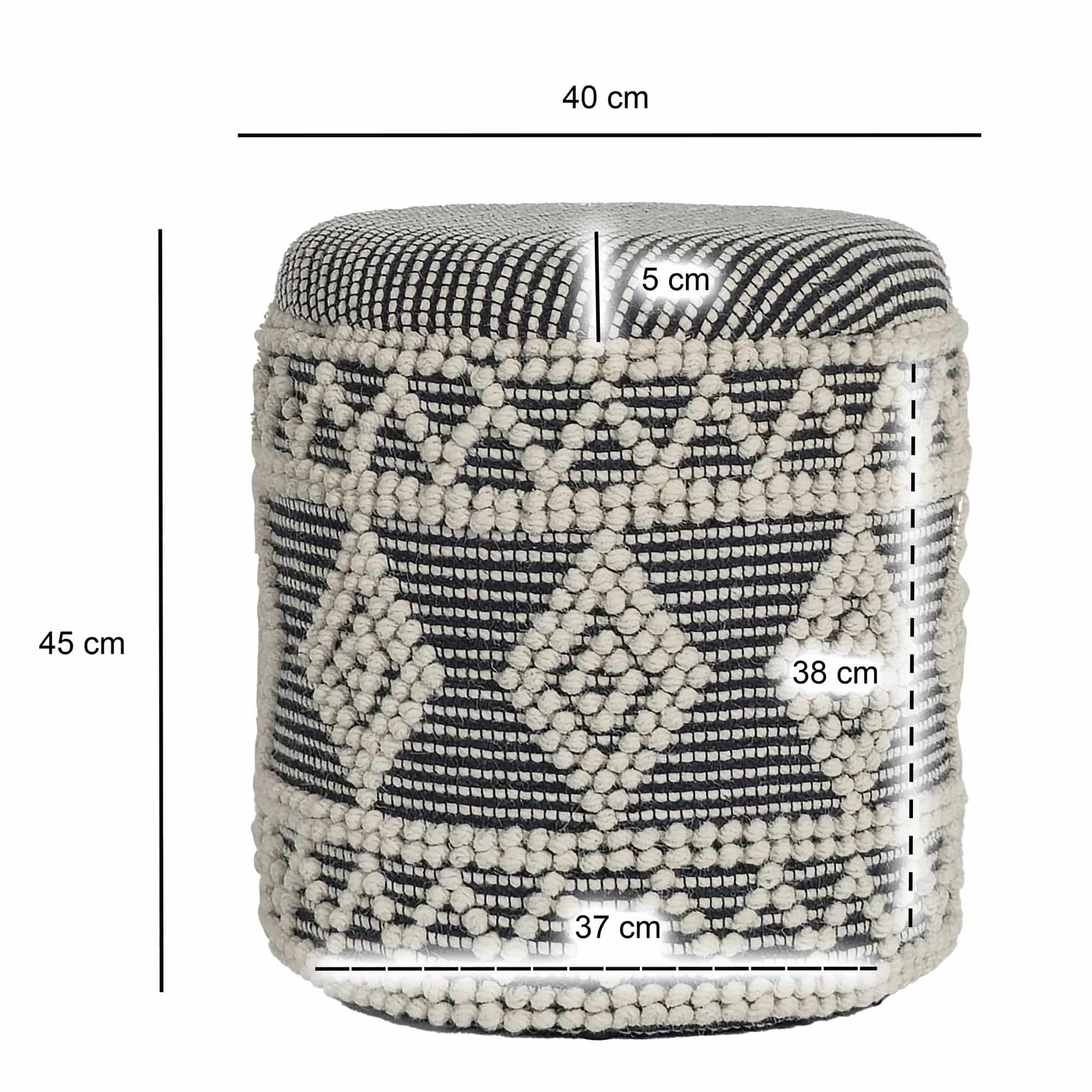 Sitzhocker aus Wolle Ø 40 x 45 cm Grau-Creme Rund Boho Hocker mit Stauraum & abnehmbarem Deckel