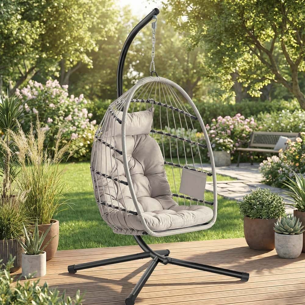 Schaukelstuhl mit Gestell, klappbarer Korbsessel höhenverstellbar, Hängeschaukel für Garten Balkon Schaukelstuhl mit Gestell, klappbarer Korbsessel höhenverstellbar, Hängeschaukel für Garten Balkon