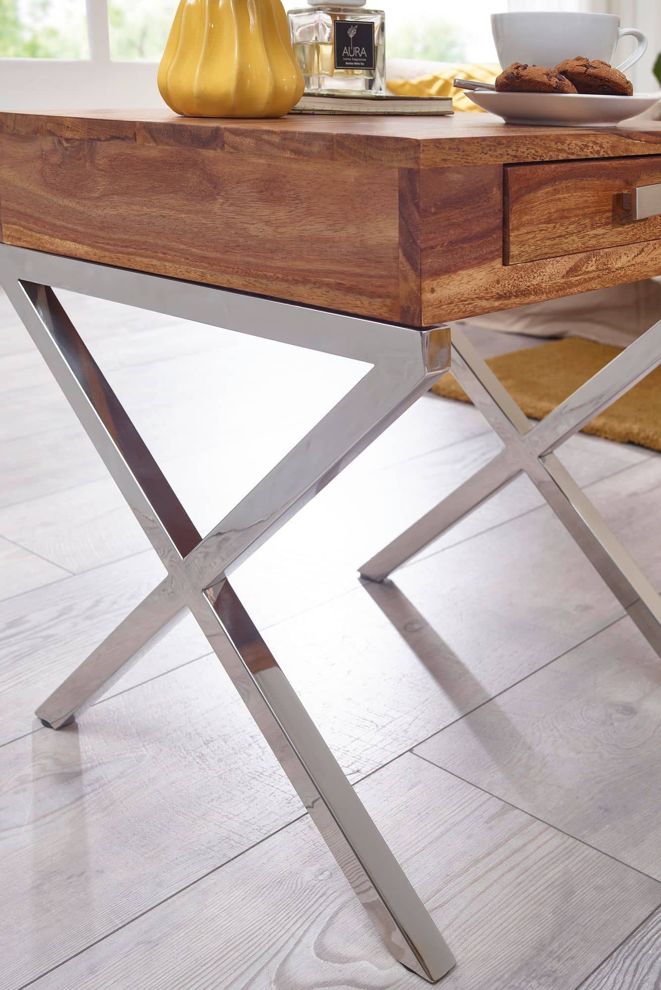 Nachttisch GUNA Massiv-Holz Sheesham Nacht-Kommode 45 cm 1 Schublade mit Metallbeine Nachtschrank Landhaus-Stil Echt-Holz Nachtkästchen dunkel-braun Nacht-Konsole Natur-Produkt Schlafzimmer-Möbel